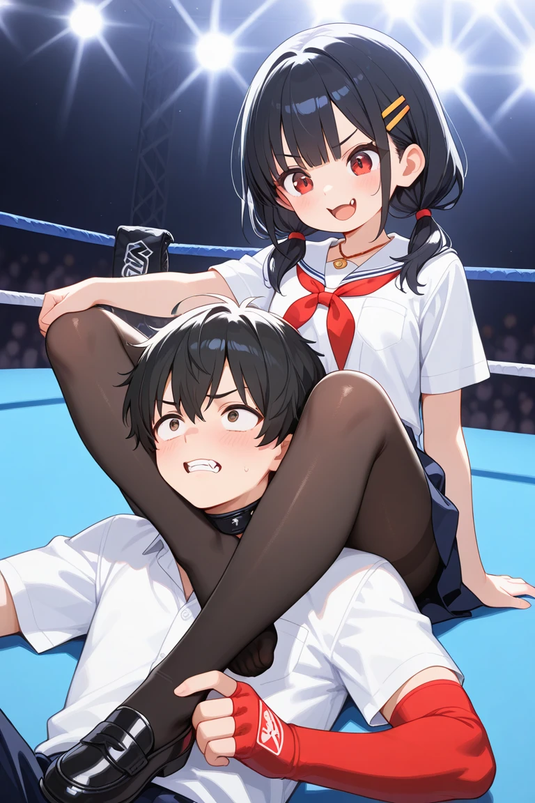 (((masterpiece))),(((best quality))),(ultra-detailed,high resolution:1.2),(illustration),((an extremely delicate and beautiful)),(detailed background), ((face to face, hug, sex)), toes, standing, (((wrestling ring)))), ((1petit girl)and(1shota boy)),hetero, (1shota boy,short stature:1.4), ((((shota boy is )))), dark-skinned shota boy,interracial, small penis, undercut, (((he has hair)))), he looks smug,((((1petit girl,short stature)))), girl is 10 years olbody:1.4), (medium hair, side-ponytail),straight hair, dark red hair,dark red eyes,((((flat chest)))), covered navel, collarbone, pale skin,shiny skin, ((She wears dark red competition swimsuit)), (ahegao,rolling eyes:1.4), (trembling), (cum on clothes:1.4),cum on body,excessive cum,cum facial,bukkake,cum on hair,cum in pussy, clothing aside, clothed, text,