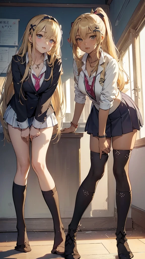 ((2 girls))、(smile:1.5)、Small breasts、（Cowboy Shot）、(fun!!)、(cardigan)、(Blonde)、(blush:1.4)、(single braid)、(Eye highlights:1.3)、blake black shoes,(黒いskirt)、bow, button, shirt with collar, Long sleeve,  ((red bow tie, , Black jacket, Open jacket, 茶色のcardigan, white shirt, 黒のskirt, チェック柄のskirt、white socks)),, shirt,, skirt, socks, Thighs, white shirt, Rest indoors, ((classroom:1.5))、 BREAK while watching the audience、(skirtを掴む:1.0)、 (Perfect hands, Perfect Anatomy),Cowboy Shot、(skirt lift:1.3),(Highly detailed white panties:1.3)、(highly detailed panties:1.3)、、(skirt that rolls up:1.3)、(Full-fledged panties:1.5)、blue eyes
