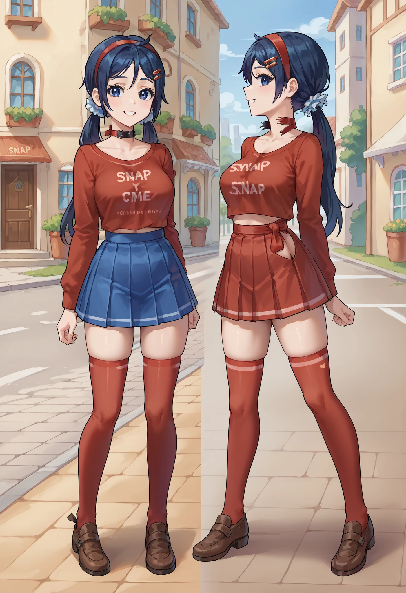 Side profile to the viewer , score_9, score_8_up,sharp focus, snap my choker,  instant loss, 2comma, before and after , score_8_up, score_7_up, score_6_up, source_anime, 1girl, solo, outdoors, city, smile, (ch0k3rsnap:1.5),miniskirt, 1girl, snap, fellatio, 2koma, instant loss, 2koma, instant loss, thin waist, pleated skirt, absurdres, highres, illustration, mi_ta, 1girl, dark blue eyes, dark blue hair, braids hair, hairband, scrunchie, barrette pins, blouse, skirt, red stockings, CLEAVAGE, large breasts, looking at viewer, solo, side to camera, standing, legs apart, full body, body side to camera, body diagonal , showing the side to the camera, very short skirt, showing the belly, cleavage, belly show, tiny skirt, very small skirt, cleavage on the breasts, breast show 