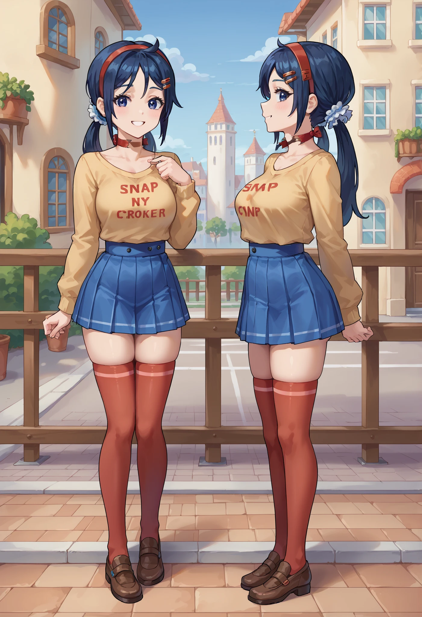 Side profile to the viewer , score_9, score_8_up,sharp focus, snap my choker, instant loss, 2comma, before and after , score_8_up, score_7_up, score_6_up, source_anime, 1girl, solo, outdoors, city, smile, (ch0k3rsnap:1.5),miniskirt, 1girl, snap, fellatio, 2koma, instant loss, 2koma, instant loss, thin waist, pleated skirt, absurdres, highres, illustration, mi_ta, 1girl, dark blue eyes, dark blue hair, braids hair, hairband, scrunchie, barrette pins, blouse, skirt, red stockings, CLEAVAGE, large breasts, looking at viewer, solo, side to camera, standing, legs apart, full body, body side to camera, body diagonal , showing the side to the camera, very short skirt, showing the belly, cleavage, belly show, tiny skirt, very small skirt, cleavage on the breasts, breast show