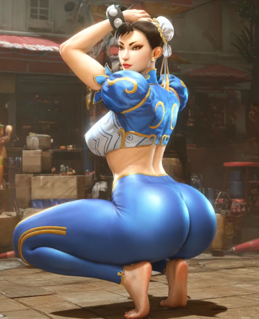Chun-Li from Street Fighter 3 , identical to the game, always repeat the same face, always repeat the same characteristics, always repeat the same proportions, always repeat the same shapes, totally realistic, totally realistic, extreme quality, high definition, diagonal back view, round ass
