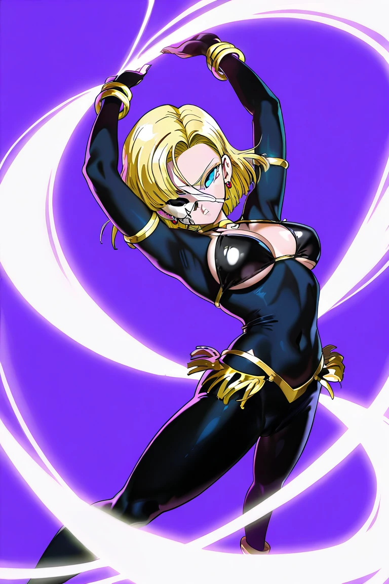 Marle Barrock, foto de corpo inteiro, flat feet, corpo reto, fighting position, 1mulher, sozinha, Estilo anime de Dragon Ball, sorriso louco, cabelos espetados, cabelo alto, Diamante gradiente amarelo da cor do cabelo, blonde hair, Estilo SSJ2, super saiyajin, super Sayajin 2, Estilo anime de Dragon Ball, alto detalhe, anime, detalhe todo o corpo, (master part:1.2, best quality:1.2, Beautiful, alta qualidade, Altas:1.1), circunstanciado, 4K extremamente detalhado, olhos perfeitos, rosto perfeito, perfect lighting, (1girl, sozinho, adult female, Mature female), Marle Barrock, msucular, Abs, boob lateral, (pelvis curtain:1.4), cowboy shot, sorriso louco, dentes afiados, seios grandes, (Talbard Preto:1.4), dark skinned female, bandaged arms, pernas enfaixadas, luvas de cotovelo, coxas, Tabard, espiar
