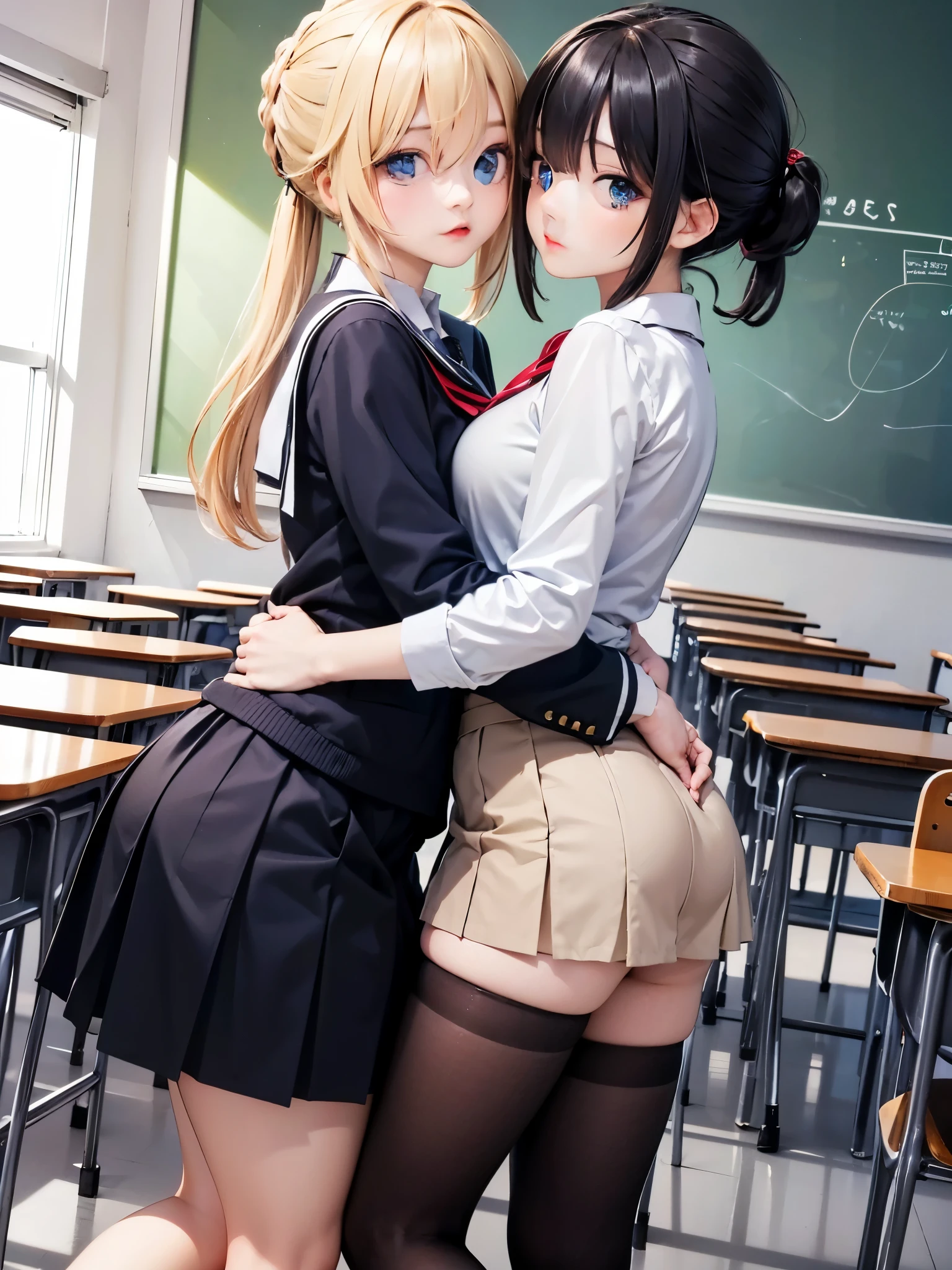 (Cute eyes:1.2), (classroom:1.2),(Beautiful Eyes:1.2), Highest quality,wonderful,finely,Highly detailed CG Unity 8K wallpapers,(kiss:1.3),(Two people with height difference:1.5), (Two Girls, Sailor suit, Skinny body, Dressed), (Huge breasts), (Open your mouth:1.1),(White knee socks:1.3),(Thighs:1.3),(Waistline:1.2),(お揃いのSailor suit:1.2),(From behind:1.2),(Beautiful Eyes:1.2),(Different hairstyles),(Their eyes are different colors:1.5),(Their skin colours are different:1.5),(Don't cross your arms:1.2),(Face close-up:1.6),(Licking the face:1.5),(Lifting the opponent's skirt:1.3)