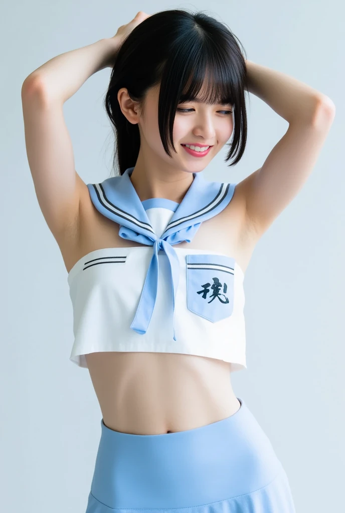One woman, highest quality, 8k, High resolution, Very detailed, Realistic:1.37, anti-gravity environment, Beautiful Japanese Women, Woman, Lady, Elderly woman, 55 years oldの既婚女性, May Pokemon, Mature, Japanese Mature, 55 yld, Blue Bandana, Brown Hair, Low Ponytail, blue eyes, (Sailor Mercury:1.4), Pose with your arms raised, chest, chestの谷間, Thighs, Beach,