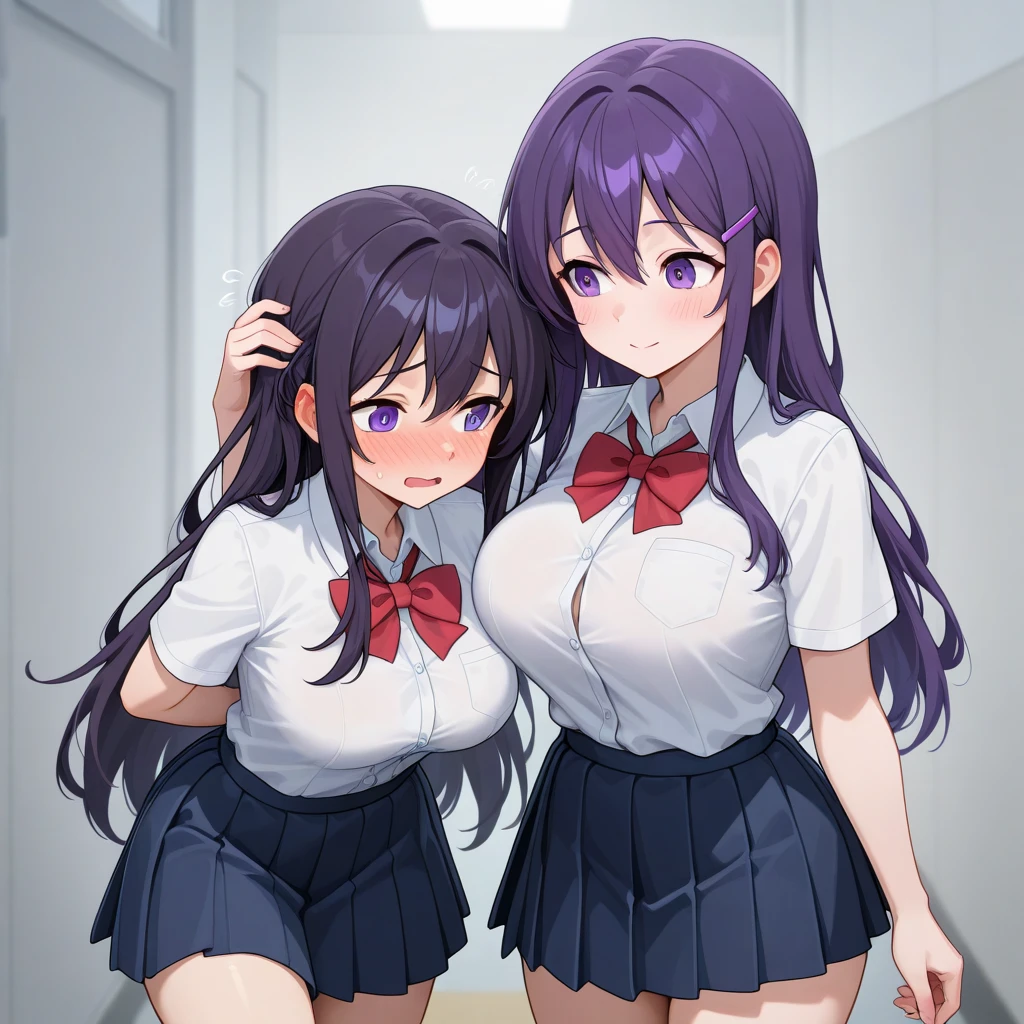 ((masutepiece)), VERY classroom interior detailed scenario, VERY crowded classroom detailed background, Insanely hot standing (woman 1) Use something sexy ((School uniform)), (Gray hair color Short hair)、(Indigo eyeole under the mouth),(Big breasts)、 (Big ass), (thick thigths), (fear expression), blushed face,woman grabbing woman 1 from behind,(((woman pressing her chest on woman 1 back))) And (((woman holding her waist behind her))), panties that are floral and pink panties,grabbing another’s breast,sex