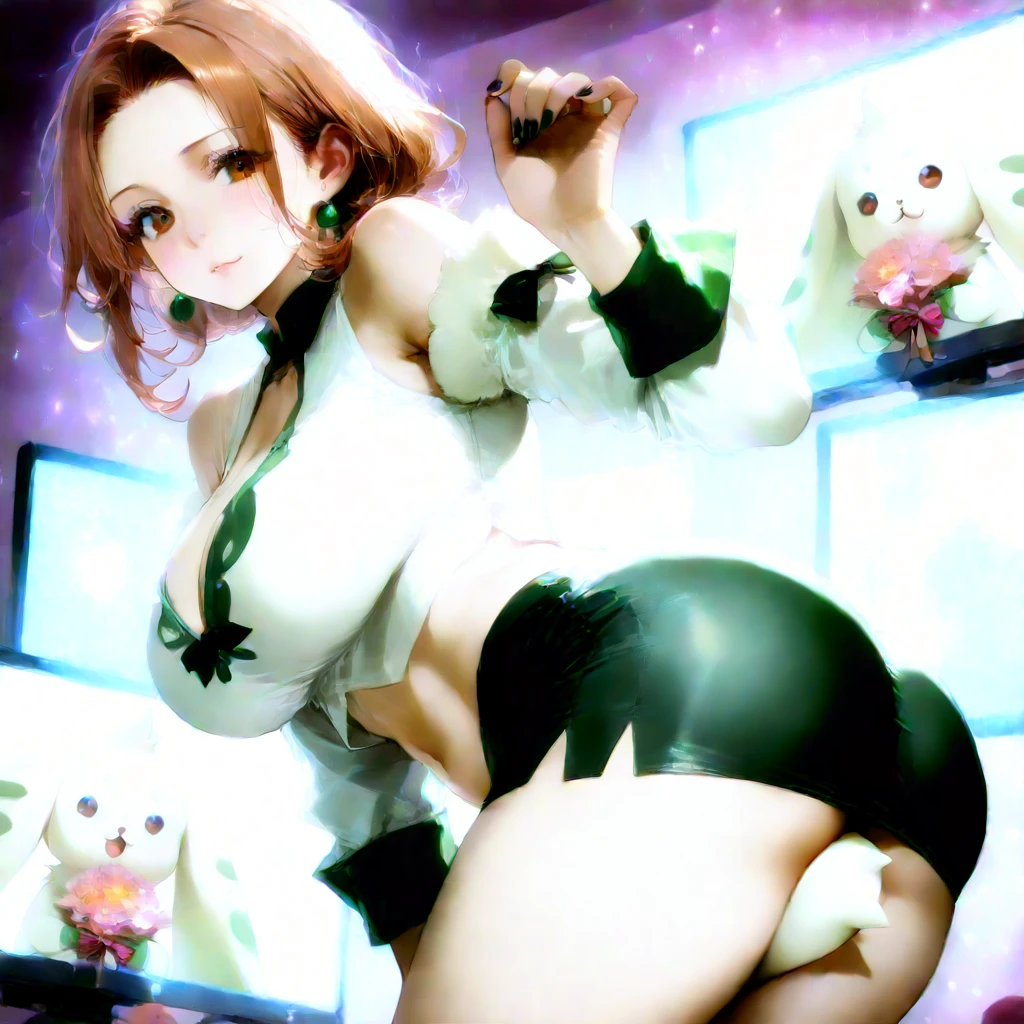 1 girl, alone, yotsuba nakano, masterpiece, detailed, cowboy photo, looking at viewer, best quality, high resolution, good lighting, dynamic posture, curvy body, short hair, orange hair, headband, green headband, headband, green bow,((neckline)), ((dark green playboy bunny outfit)), ((black pantyhose)),((black heels)), sweat, smile, ((1girl)), ((only)), interior, Japanese house, bedroom, big breasts , medium waist, wide hips, medium thighs, round butt, standing, looking forward, ((focus on breasts)), point of view (from the middle), perfect ???????, perfect hands