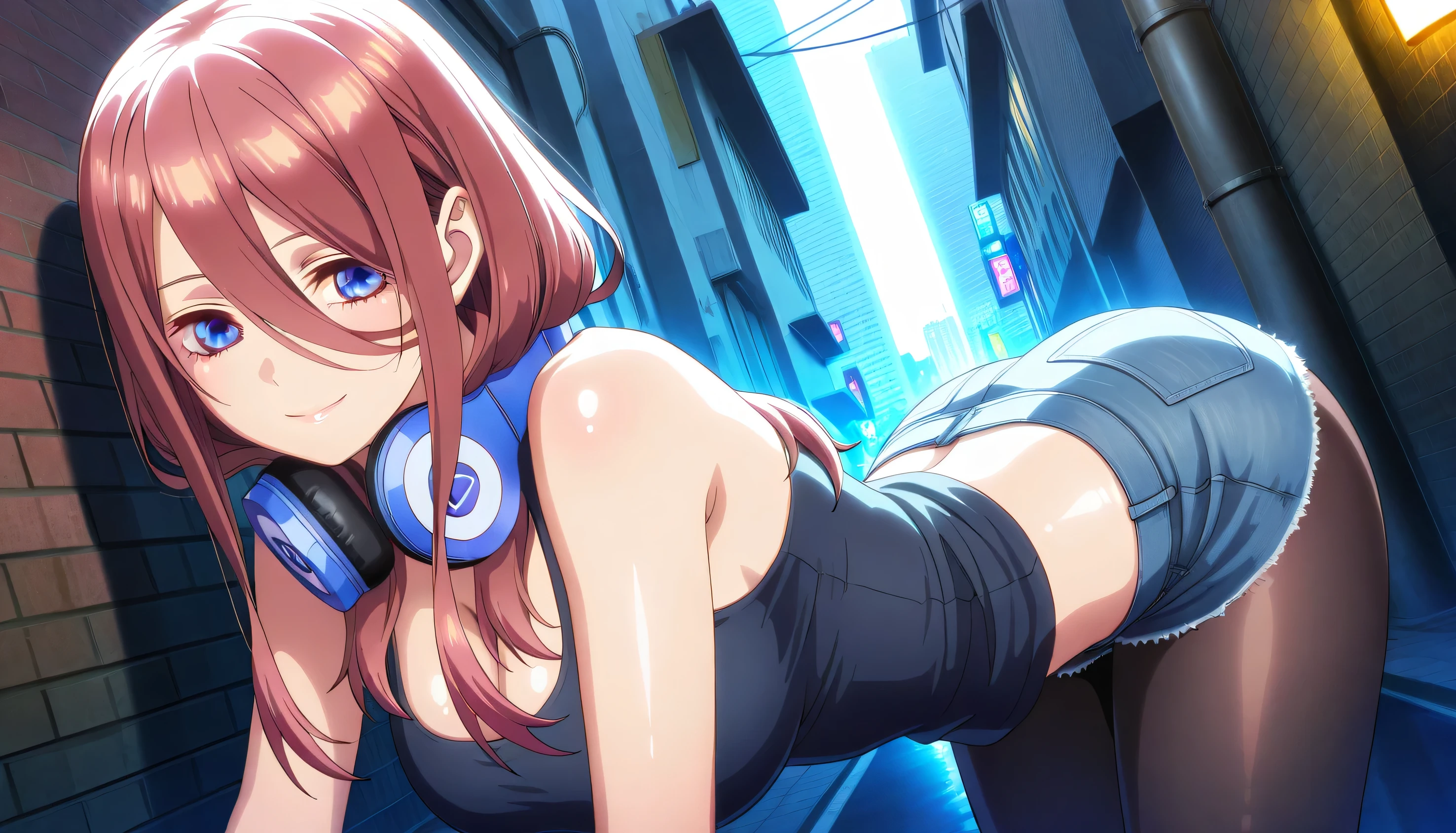 hd masterpiece, anime girl, 1girl ((32year old, dressed in a blue bikini, medium breasts, short orange hair, pony tail styled hair, perfect model body:1.3, detailed blue eyes:1.5, Arrogant Smile on face, looking from behind:1.2)), (Background: Swimming pool, on top of a roof top, skyline of a cyberpunk city), dreamy cyberpunk girl, anime cyberpunk art, digital cyberpunk - anime art, cyberpunk anime girl, digital cyberpunk anime art, cyberpunk, cyberpunk anime art, cyberpunk vibe, cyberpunk art style ((solo:1.6))
