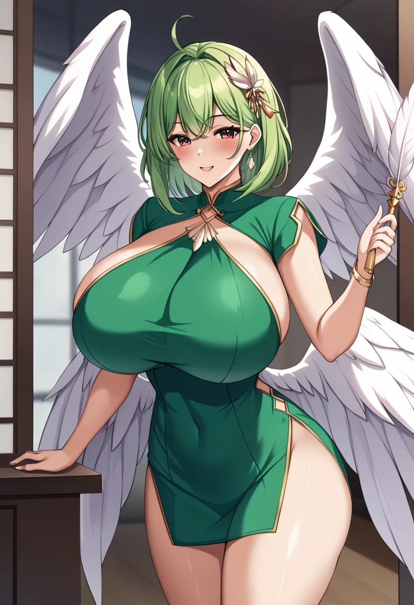 mature female, mom, milf, 40 year old woman, angel wings, very long green hair, straight hair, ((red lips)), thick lips, puffy lips, seductive smile, parted lips, makeup , eyeshadow, hourglass figure, tall, wide hips, ((thick thighs)), big ass, smile, parted lips, (huge breasts), sagging breasts, deep cleavage, skindentation, tall, oily breasts, white dress, ((big earrings)), ((necklace)), leaf hair ornament, halo, bracelets, sky, clouds, (sexy pose), dynamic pose, hip and thigh focus, oily breasts, head tilt, dutch angle, hand on own face