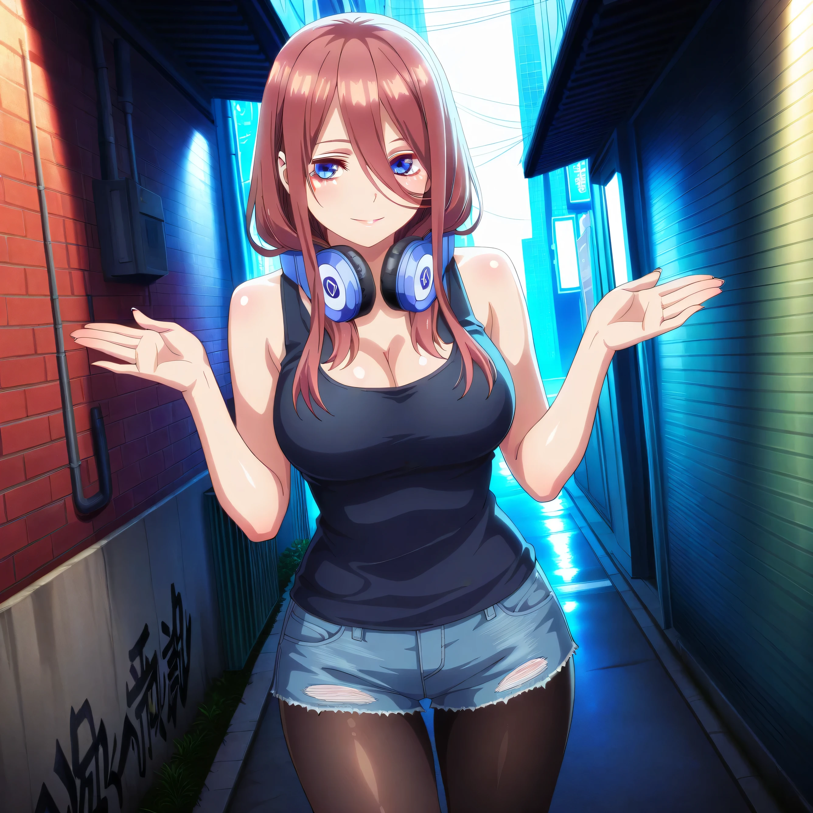 masterpiece 4k, best quality, girl, beautiful face, clean skin, shiny hair, shiny skin, beautiful face, perfect eyes, high quality shine, best quality, very aesthetic 4k, absurd, perfect body quality, beautiful curves, perfect, perfect genitals, beautiful ambient light, beautiful aesthetics, very realistic scenery, high quality 4k, masterpiece,best quality,absurdres,newest,highres, official art, 1girl miku nakano, nakano miku, long hair, bangs, blue eyes, brown hair, hair between eyes, headphones, headphones around neck, mature female, large breasts, cleavage, pantyhose, pleated skirt, black pantyhose, short jean shorts, short black top, in the city of tokyo in an alley with a lot of dark graffiti, luiz shadow realistic beautiful realistic scenery, posing to take a photo, sexy pose with naughty look at the viewer