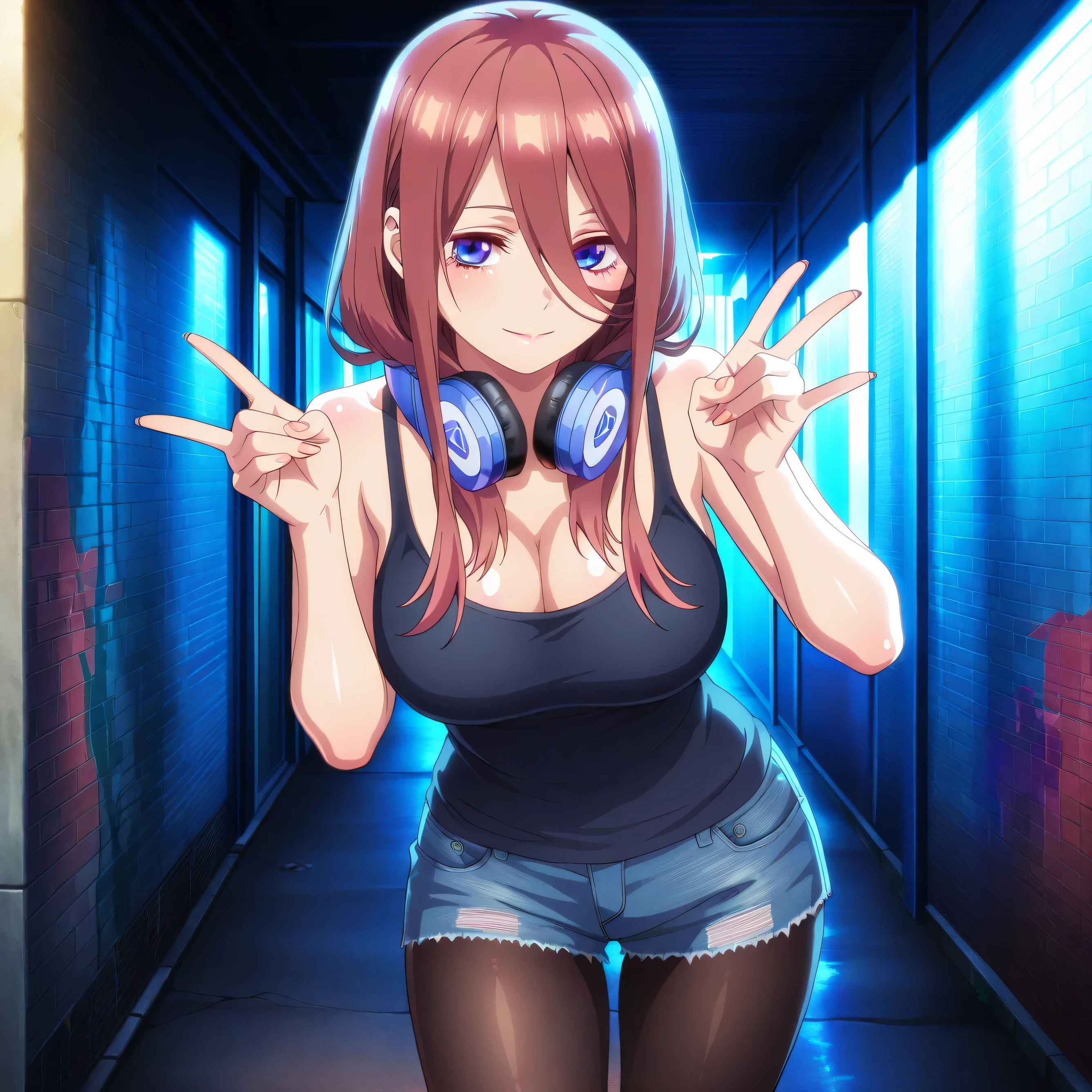 masterpiece 4k, best quality, girl, beautiful face, clean skin, shiny hair, shiny skin, beautiful face, perfect eyes, high quality shine, best quality, very aesthetic 4k, absurd, perfect body quality, beautiful curves, perfect, perfect genitals, beautiful ambient light, beautiful aesthetics, very realistic scenery, high quality 4k, masterpiece,best quality,absurdres,newest,highres, official art, 1girl miku nakano, nakano miku, long hair, bangs, blue eyes, brown hair, hair between eyes, headphones, headphones around neck, mature female, large breasts, cleavage, pantyhose, pleated skirt, black pantyhose, short jean shorts, short black top, in the city of tokyo in an alley with a lot of dark graffiti, luiz shadow realistic beautiful realistic scenery, posing to take a photo, sexy pose with naughty look at the viewer