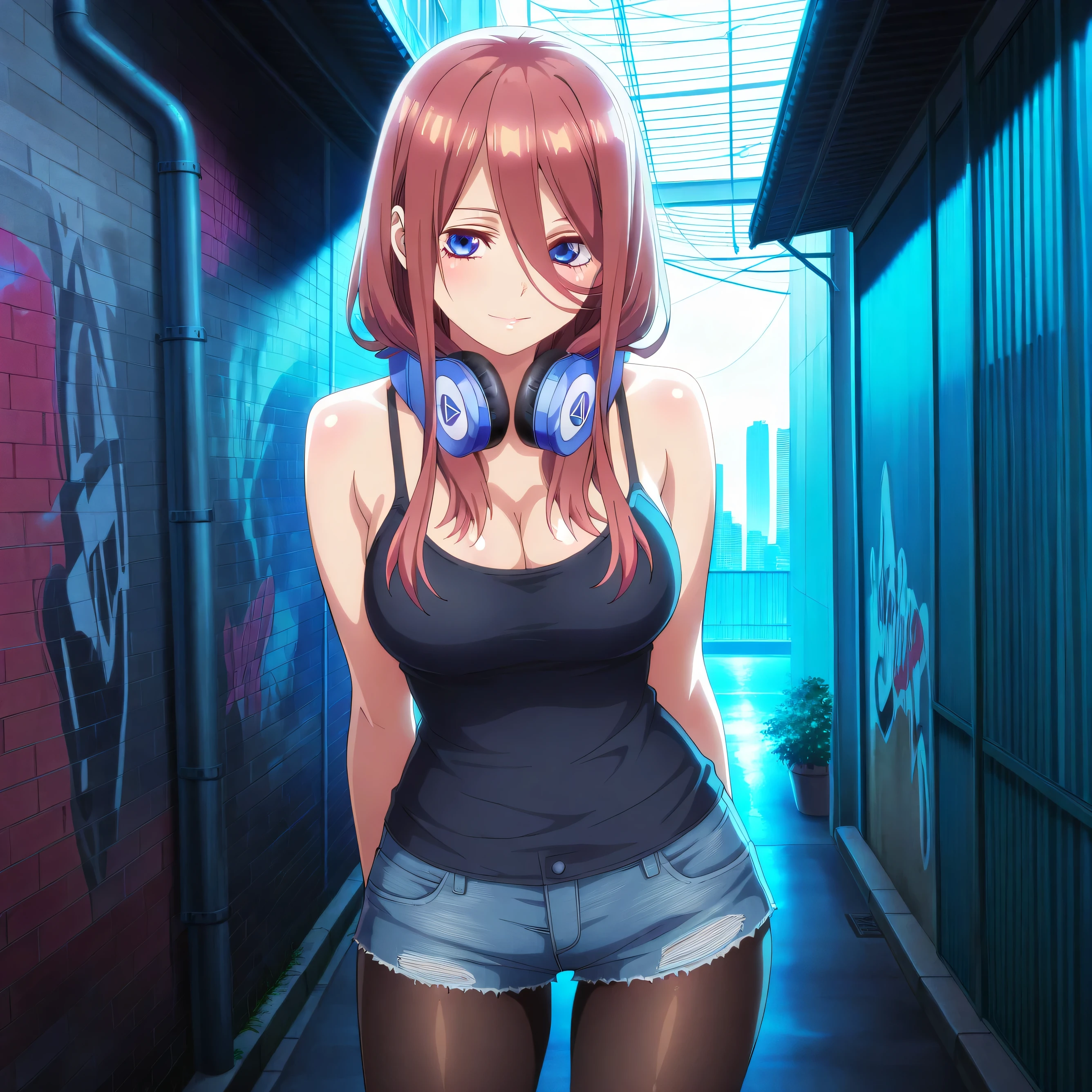 masterpiece 4k, best quality, girl, beautiful face, clean skin, shiny hair, shiny skin, beautiful face, perfect eyes, high quality shine, best quality, very aesthetic 4k, absurd, perfect body quality, beautiful curves, perfect, perfect genitals, beautiful ambient light, beautiful aesthetics, very realistic scenery, high quality 4k, masterpiece,best quality,absurdres,newest,highres, official art, 1girl miku nakano, nakano miku, long hair, bangs, blue eyes, brown hair, hair between eyes, headphones, headphones around neck, mature female, large breasts, cleavage, pantyhose, pleated skirt, black pantyhose, short jean shorts, short black top, in the city of tokyo in an alley with a lot of dark graffiti, luiz shadow realistic beautiful realistic scenery, posing to take a photo, sexy pose with naughty look at the viewer