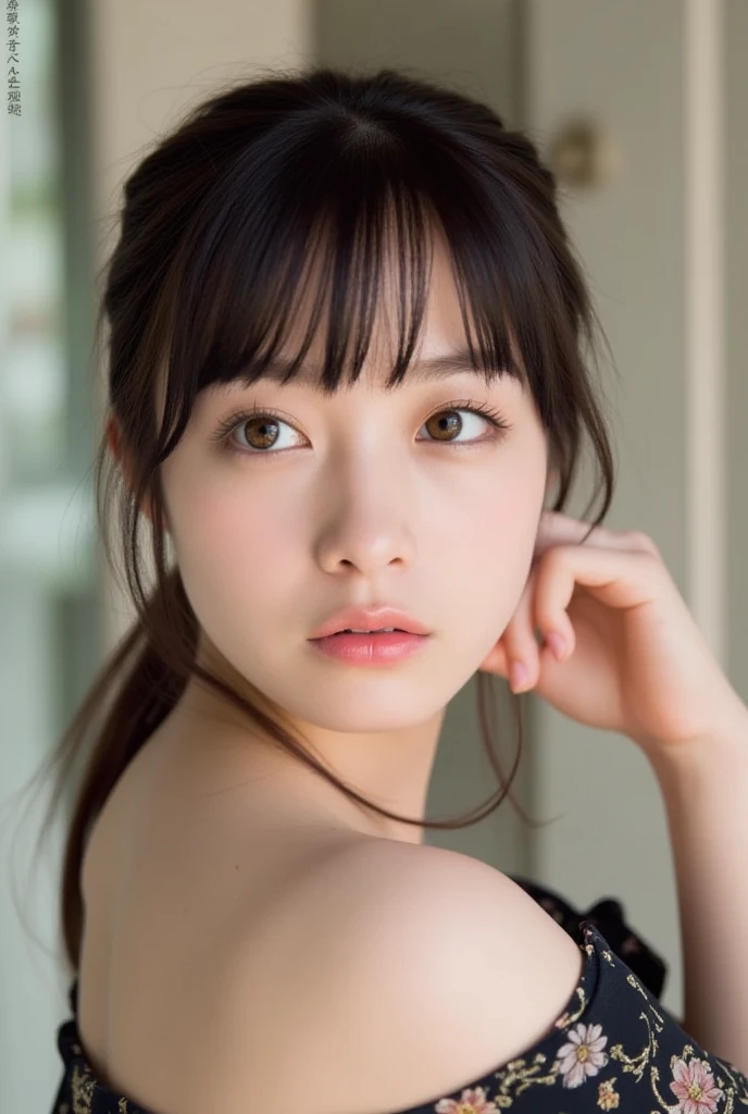 masterpiece, highest quality, 8k, 20th generation, Big Breasts, cute, alone, sad, cute, Girlish,cute 繊細な女の子, cute、Pure beauty,  RAW Photos, Professional photography, Portraiture, Soft Light, Professional Lighting, Backlight, Upper Body, avert your eyes, Sophisticated, Film Grain, (Eye and facial details:1.0), Round face、Floating Hair, beautiful, Flowing hair, Asymmetrical bangs、(Big Breasts:1.0)、Navy blue micro bikini、Voluptuous thighs、dolly make、Heterochromia iridis、Midsummer sky、Cumulonimbuidsummer Beach