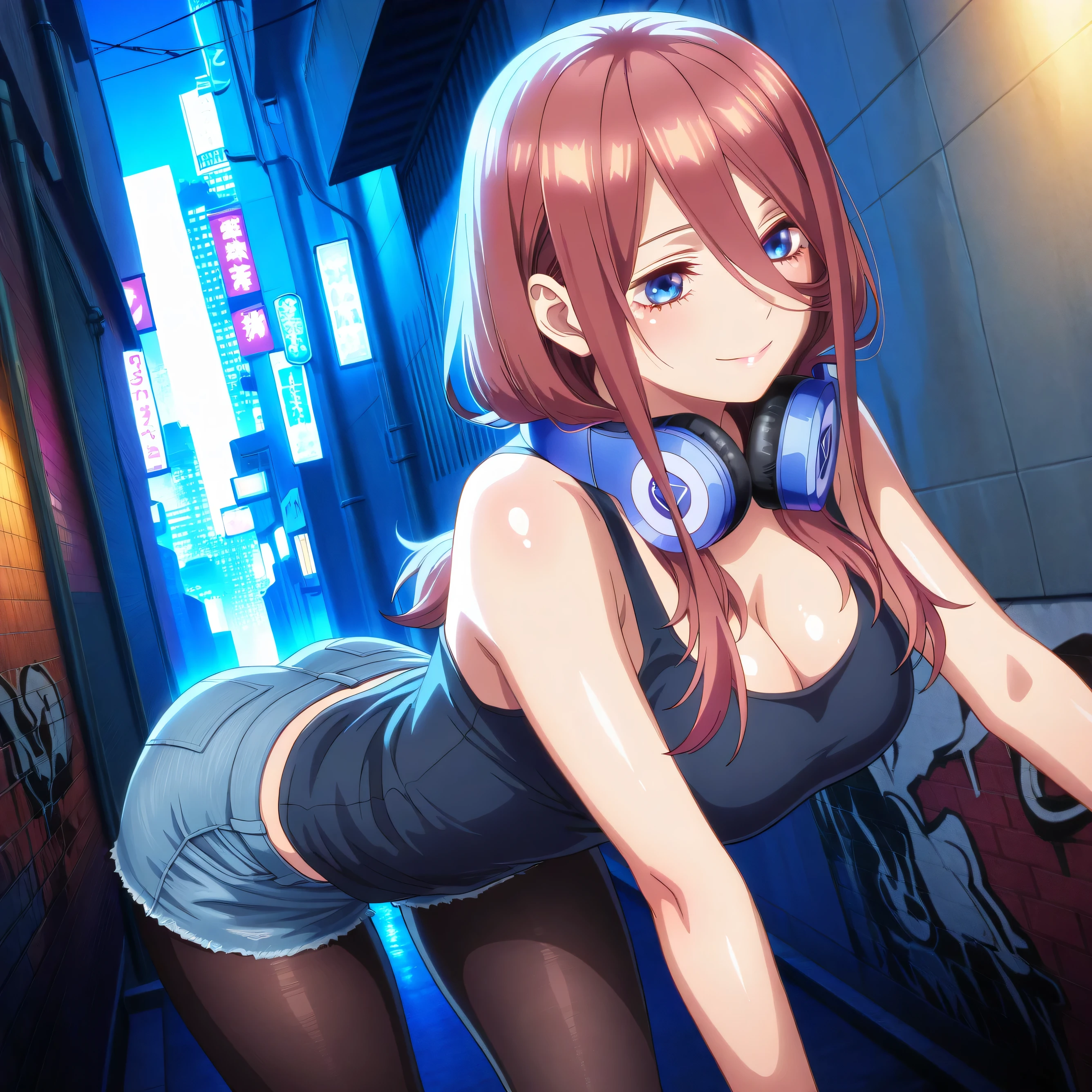 redhead girl, back crouched on the floor with legs open, only neon lights, looking back