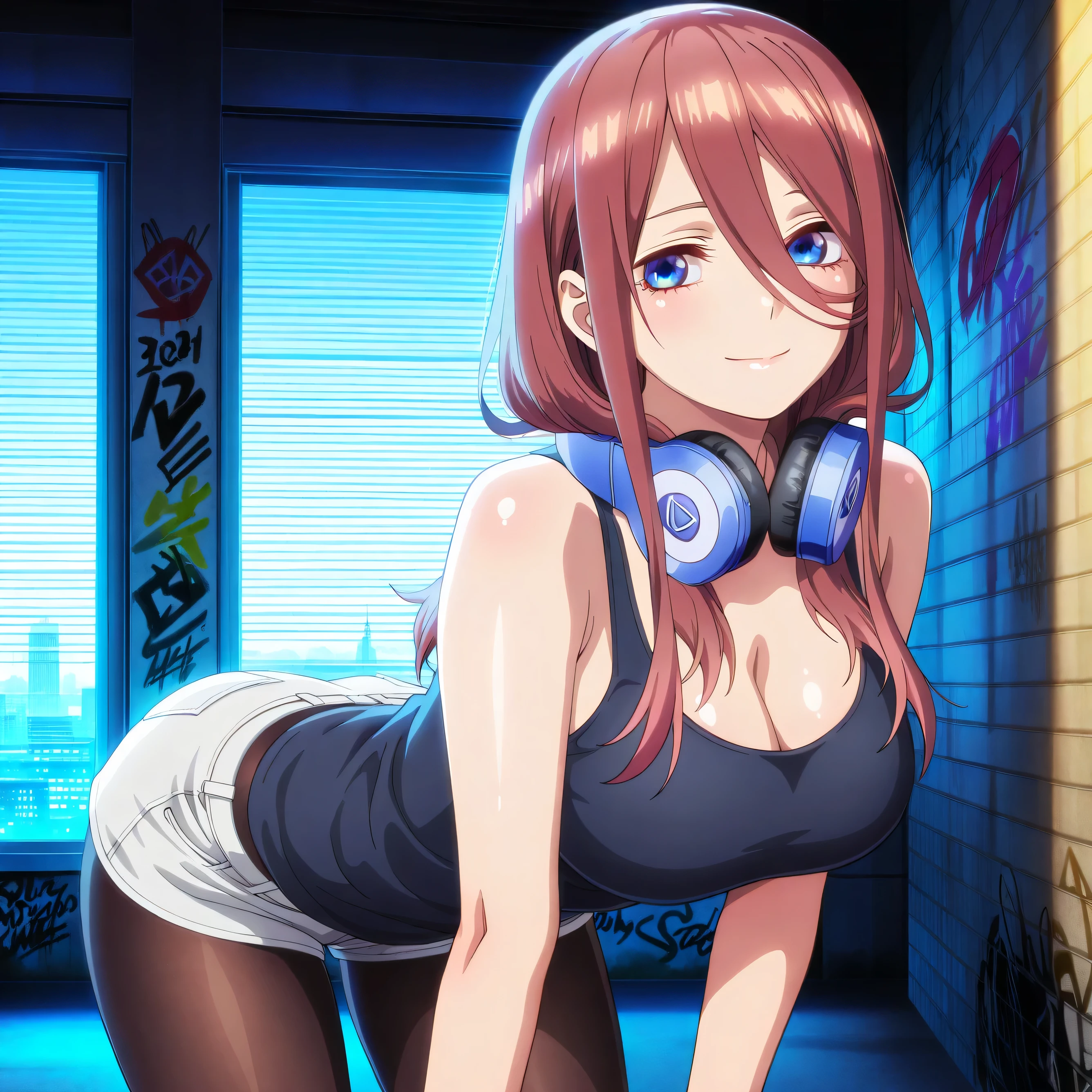 masterpiece 4k, best quality, girl, beautiful face, clean skin, shiny hair, shiny skin, beautiful face, perfect eyes, high quality shine, best quality, very aesthetic 4k, absurd, perfect body quality, beautiful curves, perfect, perfect genitals, beautiful ambient light, beautiful aesthetics, very realistic scenery, high quality 4k, masterpiece,best quality,absurdres,newest,highres, official art, 1girl miku nakano, nakano miku, long hair, bangs, blue eyes, brown hair, hair between eyes, headphones, headphones around neck, mature female, large breasts, cleavage, pantyhose, pleated skirt, black pantyhose, short jean shorts, short black top, in the city of tokyo in an alley with a lot of dark graffiti, luiz shadow realistic beautiful realistic scenery, in the city of tokyo in an alley with a lot of dark graffiti, luiz shadow realistic beautiful realistic scenery, in a bent position showing big ass, big eyes with a smile