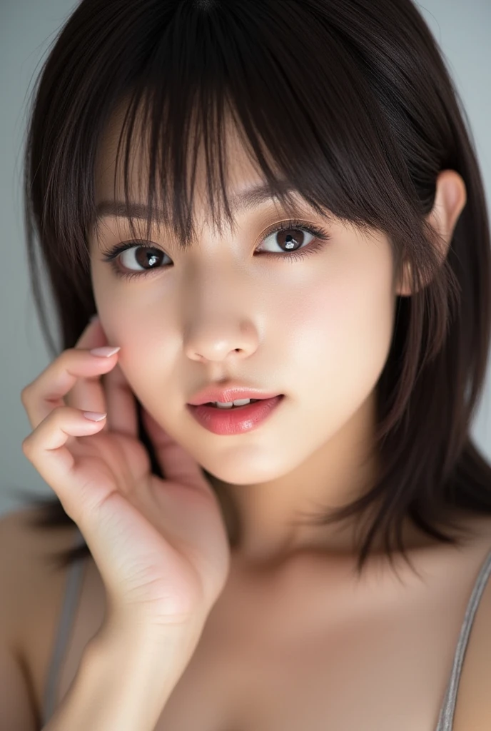 (((Focus on the eyes:1.1、Extremely detailed:1.22、Ultra-high resolution、masterpiece:1.45、Highest quality)))、顔のUltra-high resolutionクローズアップ、long, straight black hair、So that every single hair is clearly visible、The subtle color changes of hair depending on how the light hits it、 The skin is white and smooth、Skin has a natural glow、Fine skin texture、Representing the fine details of pores、Details of the light redness on the forehead and cheeks、Eyes with fine iris details、The eyes depict color gradations and patterns.、Long, natural-looking eyelashes, each and every one visible、Well-groomed eyebrows、眉毛のindivual々The hair is clearly visible、Light reflecting off into the eye、The light in the eyes creates small highlights、The nose is delicate、Fine detail on the nostrils、Lips are plump and naturally pink、Depicts the fine lines and soft curves of the lips、lips are shiny and、The gloss on your lips accentuates their shape.、(((Detailed depiction of lip texture、Particular attention to the depiction of light and shadow、Soft natural light gently illuminates the face from the front、A faint glow on the forehead、A slight shine on the nose、A slight glow on the cheeks、Shadows are cast softly along the contours of the face、Accentuate the sides of your cheekbones、Accentuate the sides of the jawline、Emphasize the sides of the nose、The gloss on her lips reflects the light faintly、Lips emphasize the plump texture、The shadow of the hair gives depth and dimension、indivual々The hair shines in the light、The background is simple and blurred.、Focus on the face