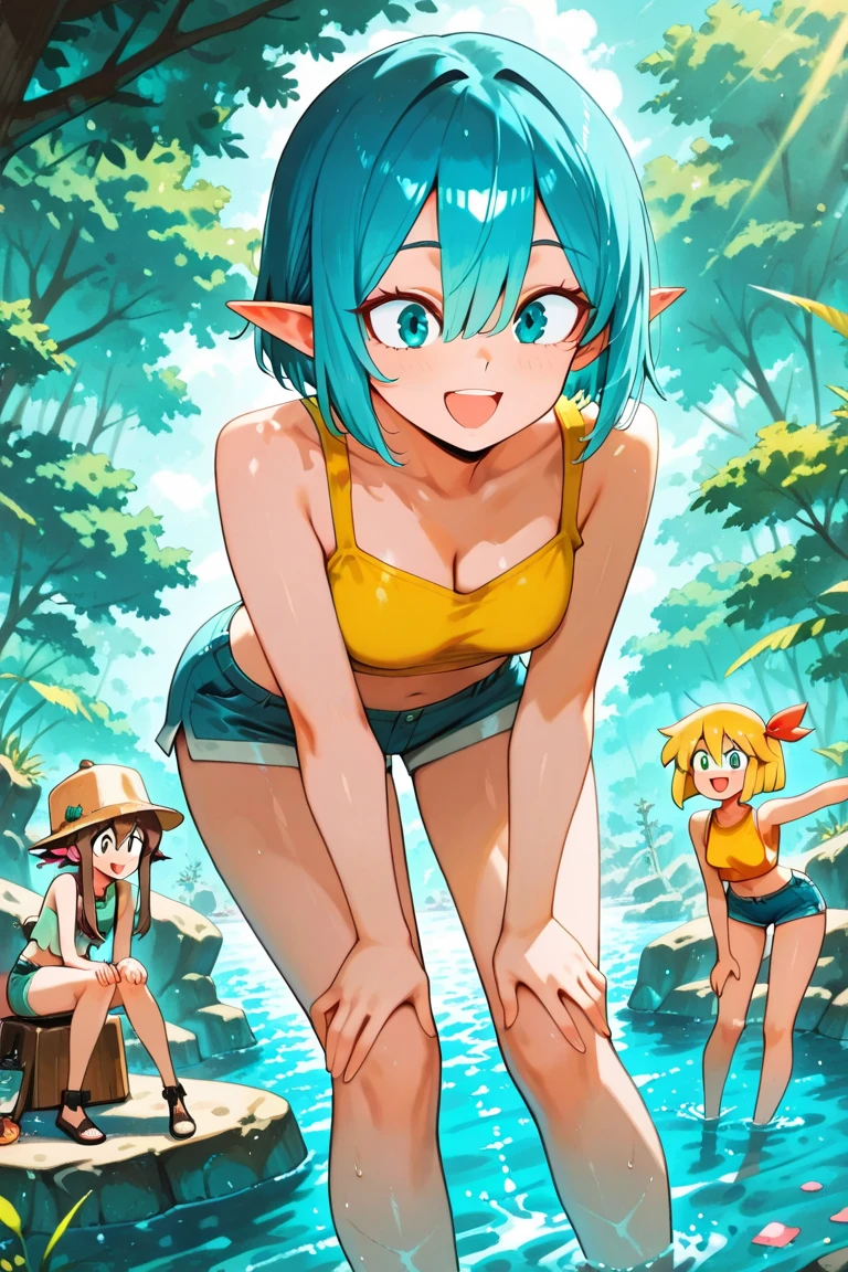 some pretty anime characters fighting over with one another over the top of them a sun blushing lewd face while wearing very tight boots micro leaf bikini, standing an animated figure with white hair holding a leaf and a green leaf behind her is speech bubble