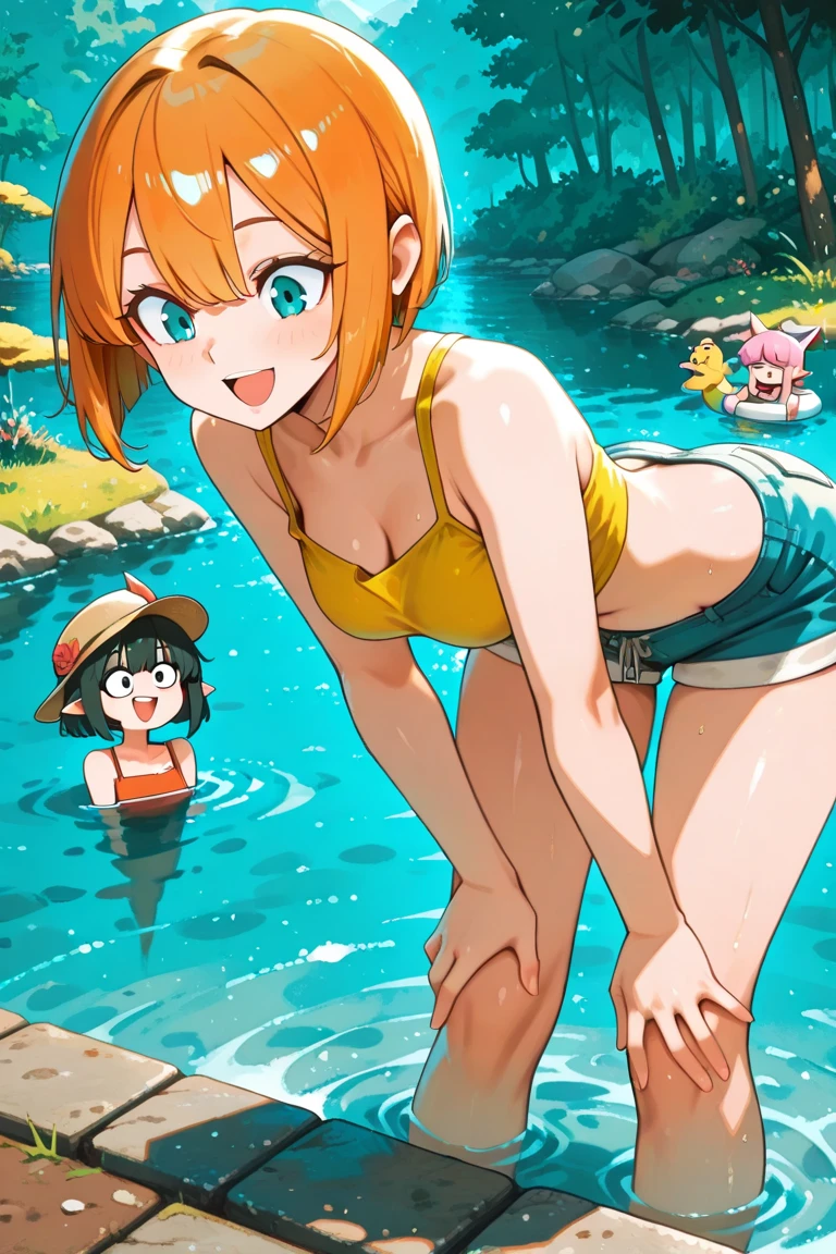 score_8, score_9, penny, brown hair, twintails, black eyes, standing, flat torso, tank top, covered nipples, shy, little_child, female_child, small_body, petite_body, full body, sitting, spread legs, pussy, from below, seductive smile, open mouth,