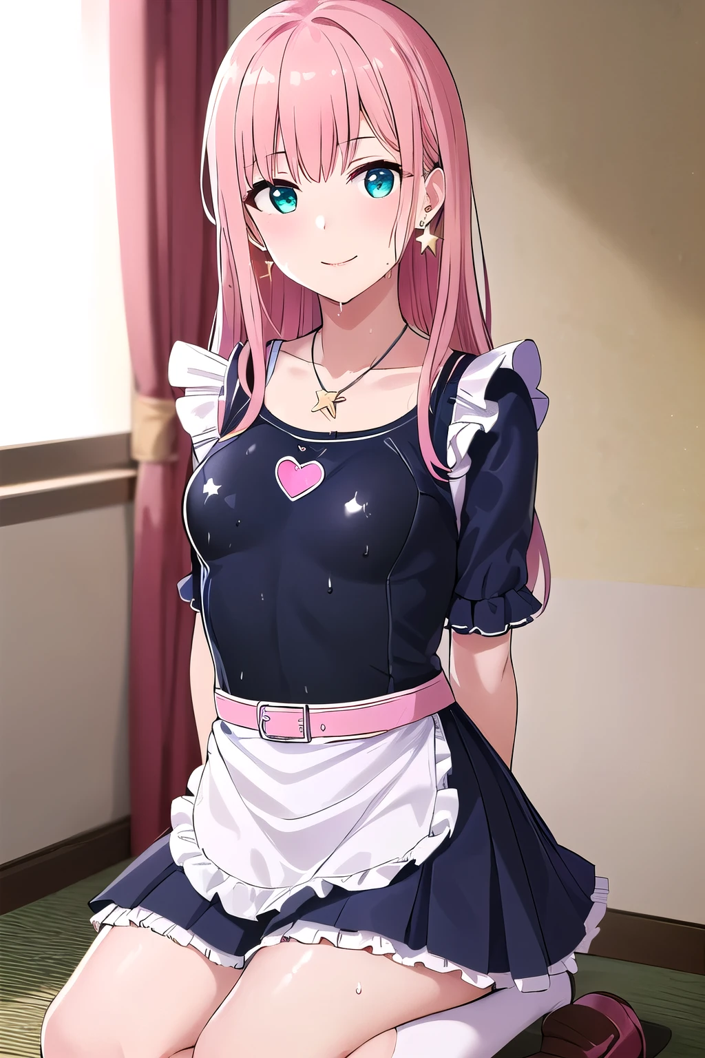 (8K, top-quality, masterpiece:1.2), (reallistic, Photorealsitic:1.37), Super Detail, One girl,), (Highly detailed), (beautifully detailed eyes), (of the highest quality), (super detailed ), (masterpiece), (Detailed face),20yr old, ,1 girl, ((pink hair,long hair)), medium breasts, clothed, Perfect Lighting, BREAK, (shiny neon pink green blue:1.5), (gradient color dress:1.4), (stars hearts glitter pattern:1.3), (glossy wet suit fabric:1.5), (short puffy sleeved bolero:1.2), (sheer lace trimmed camisole:1.2), (frilly sleeves sweetheart neckline blouse:1.3), (mini pleated skirt with apron belt:1.3), (bodycon fit silhouette:1.3), (knee high socks with frills:1.2), (clear platform loafers:1.2), (ribbon choker with charm:1.2), (star earrings heart necklace:1.2), (girly accessories:1.2), BREAK, (high quality:1.5), (upper body to knees:1.3), (long pink hair half up:1.2), (gentle smile:1.2), (slight blush:1.1), (turned head:1.1), (rolled up sleeves:1.2), (touching apron:1.2), (vintage wallpaper background:1.2), (soft natural light:1.2)