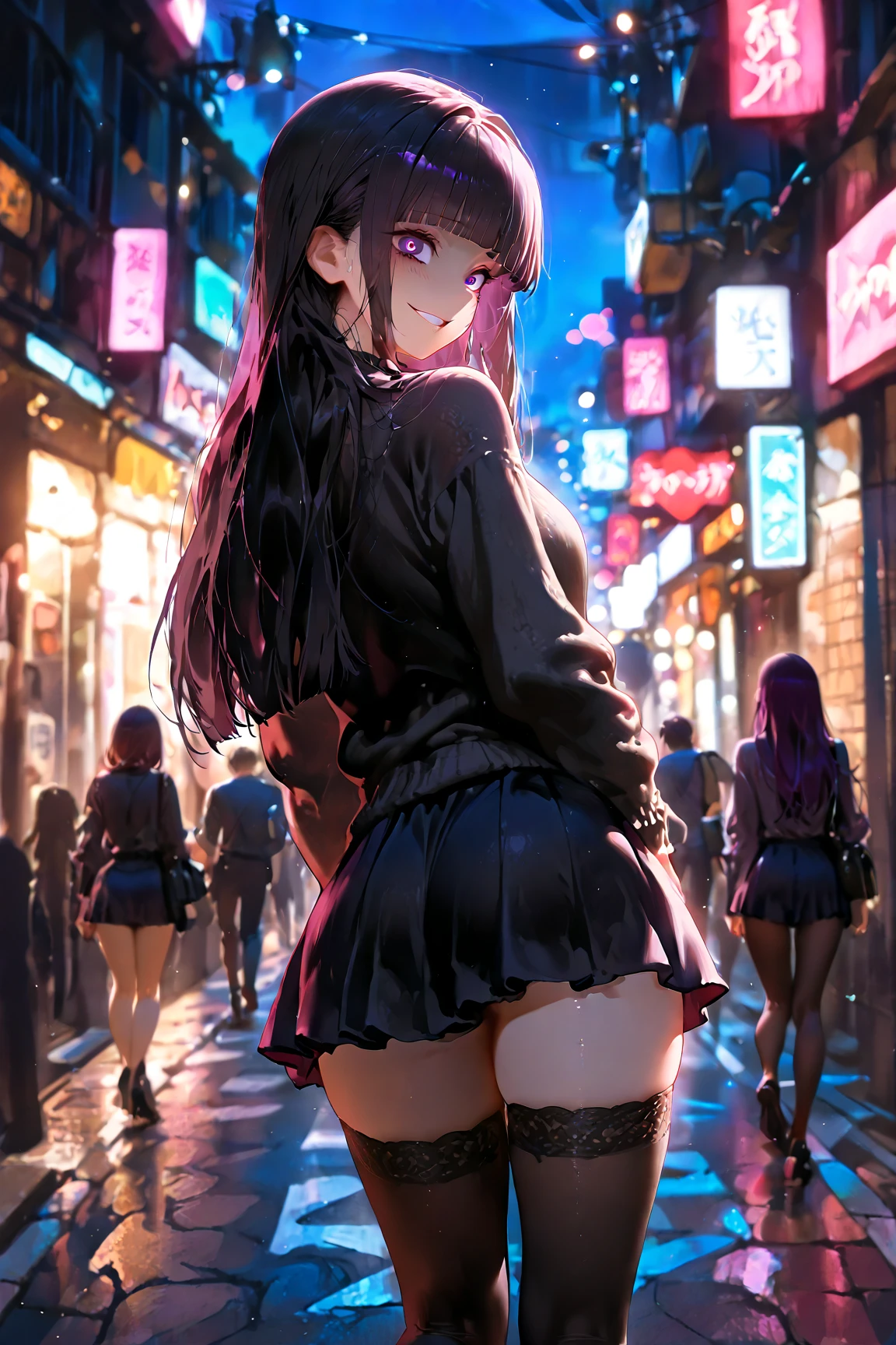 masterpiece, best quality, HuTaoV4, 1girl, solo, blush, twintails, long hair, hair between eyes, ((streetwear clothes)), city, outdoors, night, movie poster, extremely detailed 8K, smooth, high resolution, ultra quality, cinematic lighting, ambient occlusion, hd, 2k, 4k, 8k, 16k, extremely detailed anime, detailed faces, perfect composition, wide shot, atmospheric lighting, very sexy, lift skirt, random low back angle, uncensored, nsfw, sin censura she showing buttock