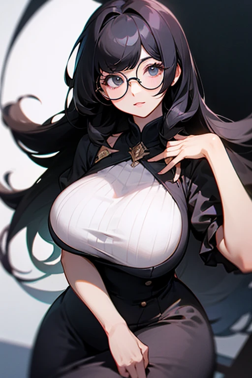 high resolution、Sexy、Black long hair、center division、Beautiful woman、Glasses、Black off-the-shoulders、Large Breasts、  [Close-up cleavage]]]]Huge sagging breasts,cleveage, The chest is more exposed，Thick thighs、((Cute skirt))