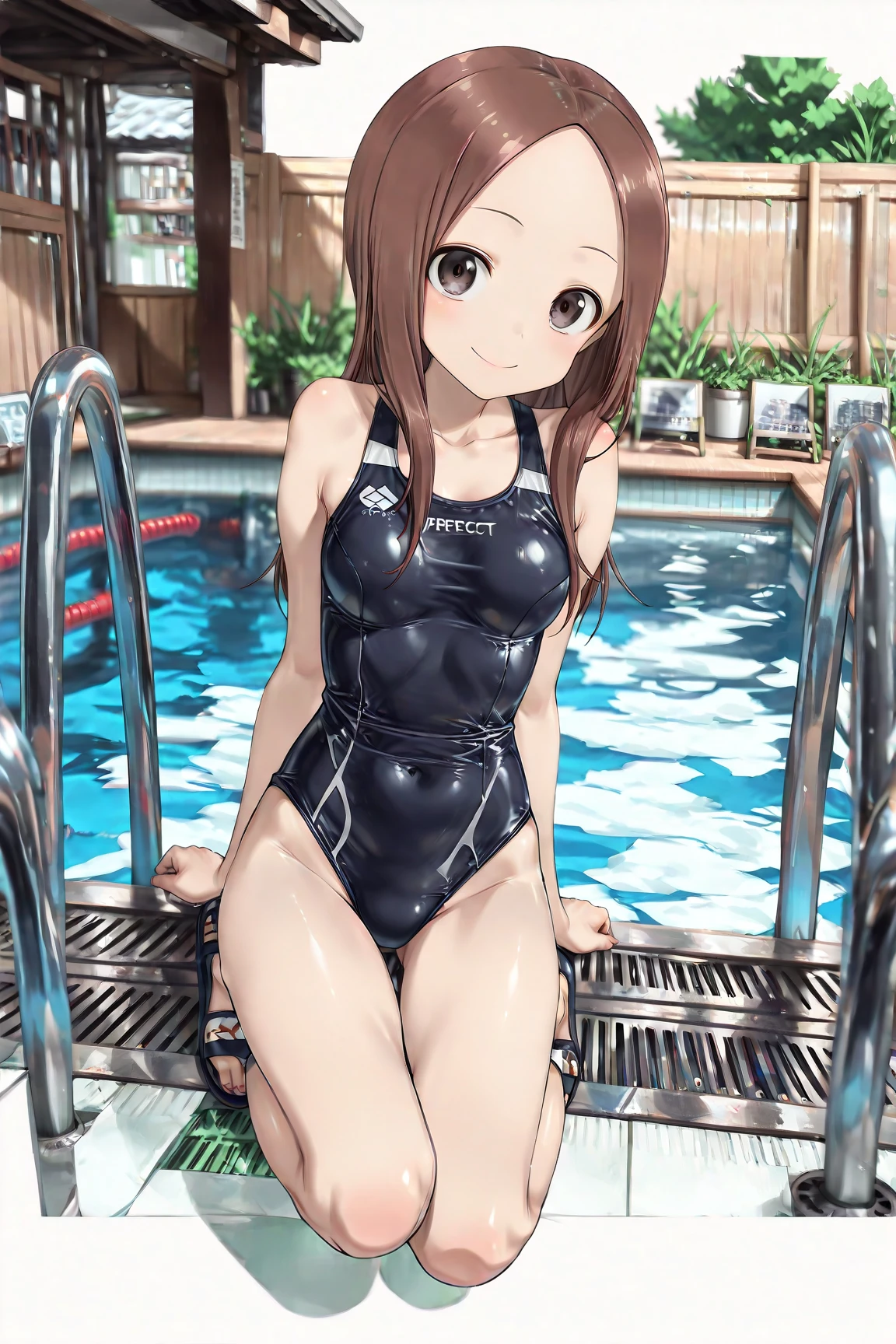 long gloves、brown loafers、black calf length socks、Open your thighs wide to the left and right、squat on the ground、((latex old school swimwear:1.3、sit, spread your legs:1.3, arm behind head ))、12 years old、absurdes、blonde pigtails、flat lighting、elevation angle、sexy pose、highest quality、complex、surreal、perspective, very detailed, detailed background, shape、1 girl、alone、small breasts、light smile, (((Daytime Outdoor pool side))),