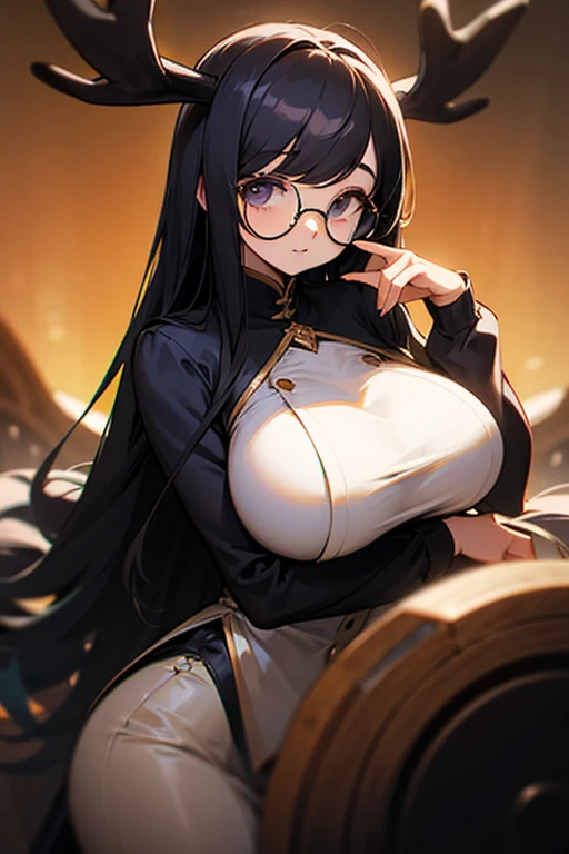 masterpiece、highest quality、1girl , solo , huge breasts、deep cleavage、light gold hair、ponytail、brightly colored eyes、blue eyes、black glasses、japanese green kimono、hakama、flashy necklace、charm、Wet、face turns red, very sweaty, dynamic pose、standing、Headphones worn around the neck、flashy hair ornament、shrine