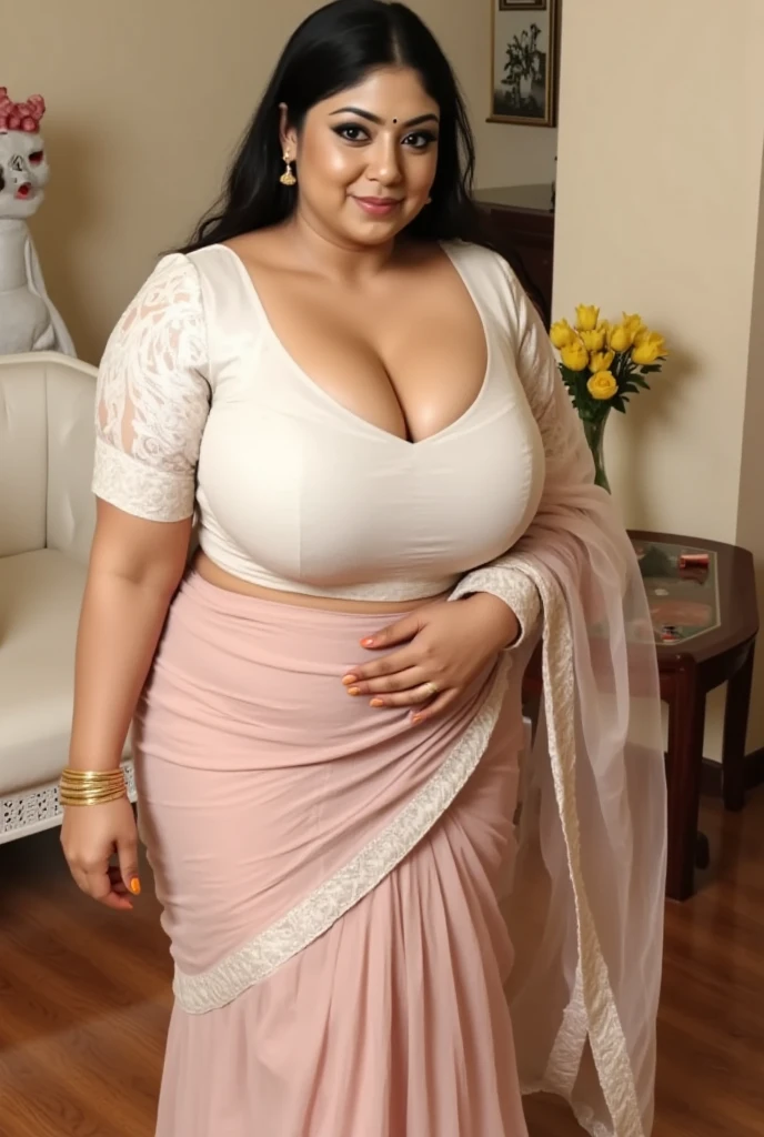 a 40 years old woman(most beautiful lady(voluptuous) pretty face(gorgeous:0.5, cute:1.5) ) lady(beautiful breasts(very saggy:1.5), (voluptuous:0.4)) wearing beautiful designer saree(deep cleavage, very beautiful), (), () (), () cleaning floor in village outside home. Very realistic skin, natural skin texture. Very beautiful face. She is giving sexy down blouse pose. Beautiful blouse designs, real life scene, Face details are realistic, most beautiful, pretty and delicately gorgeous. Her breasts have natural perfect shape. Background around her is visible enough. Her hands are perfectly shaped.
