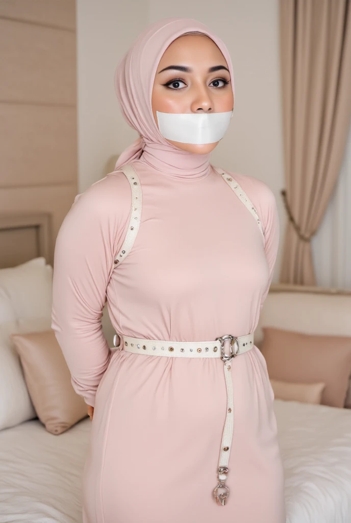 23-year-old Pakistani girl with a cute appearance, wearing a babydoll nighty, gagged, with very bright pink blush, medium-sized breasts, and thick thighs. The artwork depicts a high-quality, 4K realistic representation with ultra-detailed features. The girl's eyes are detailed and captivating, her lips are beautifully detailed, and her face is extremely detailed. The lighting enhances the overall ambiance of the scene. The medium used is oil painting, showcasing vivid colors and sharp focus. The artwork captures the essence of portraits and emphasizes the girl's beauty and intriguing charm.