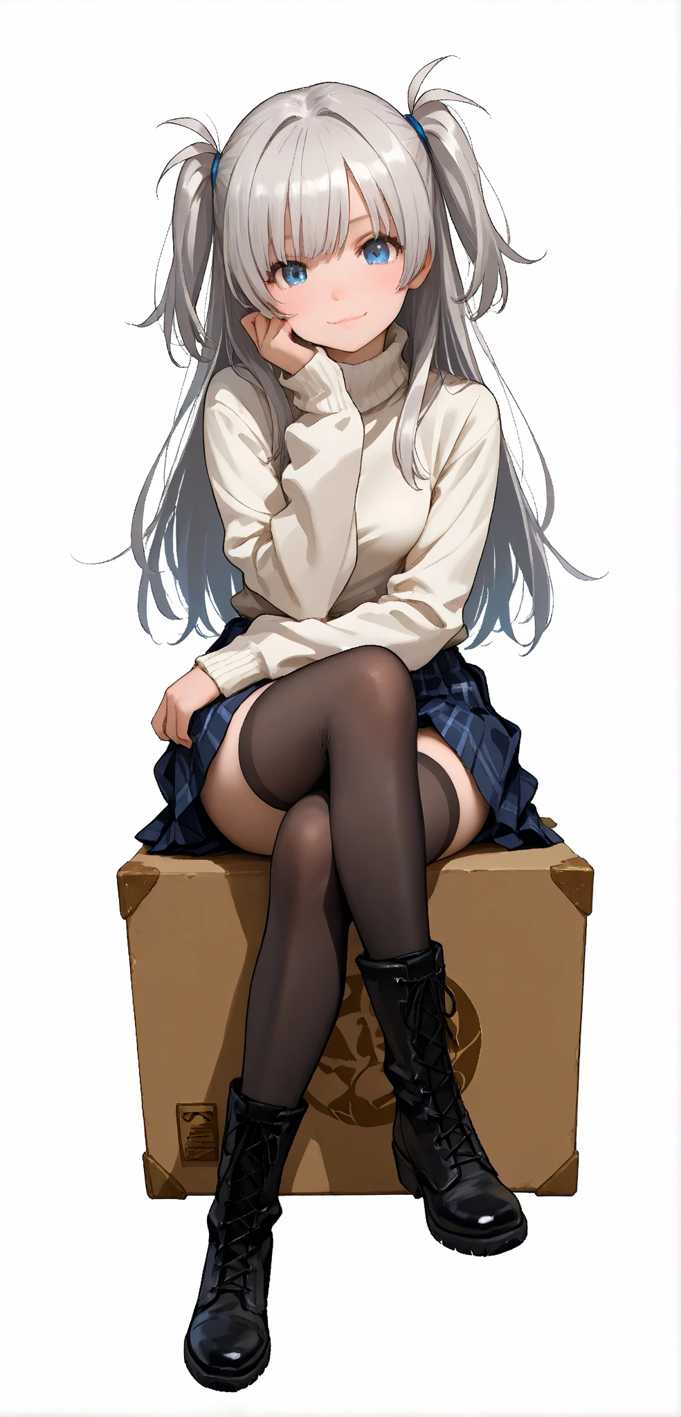 clear skin,white_background,simple background,ultra detailed eyes,
takarada rikka,1girl,black hair,skirt,solo,cosplay,long hair,school uniform,cardigan,wrist scrunchie,black skirt,white cardigan,pleated skirt,blue eyes,scrunchie,socks,red socks,bangs,shoes,long sleeves,
sitting,barefoot,medium breasts,closed mouth,head tilt,yokozuwari,blurry,