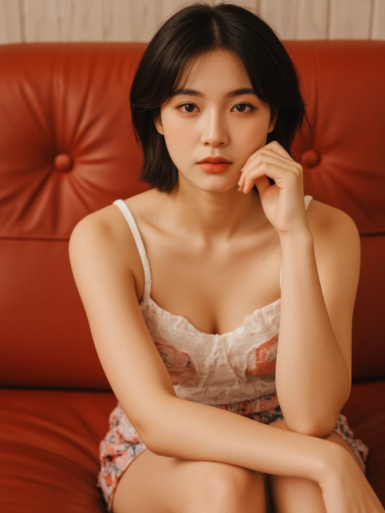 best qualtiy, tmasterpiece, 超A high resolution, (realisticlying:1.5), RAW photogr, fullnude, in the darkness nigth, Deep shading, low tune, cold light, Sexy look, short detailed hair,1girll,white short sockere chest,Poor milk,