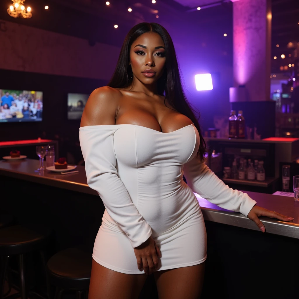 A gorgeous Woman, with dark skin and a savory curves figure, is radiating neon colors around her. She wears a sweater dress that hugs her tiny chest, yet accentuates her enormous thighs, hips, and buttocks. The dress reveals her bare shoulders, adorned with intricate jewelry. Her dark, expressive eyes pierce the viewer with a captivating gaze. The realistic image showcases her dimples, the smoothness of her dark skin, and the delicate texture of her sweater dress. A stunning portrayal of her beauty and allure.
OR
Basking in the vibrant neon lights, a stunningly beautiful woman, with a