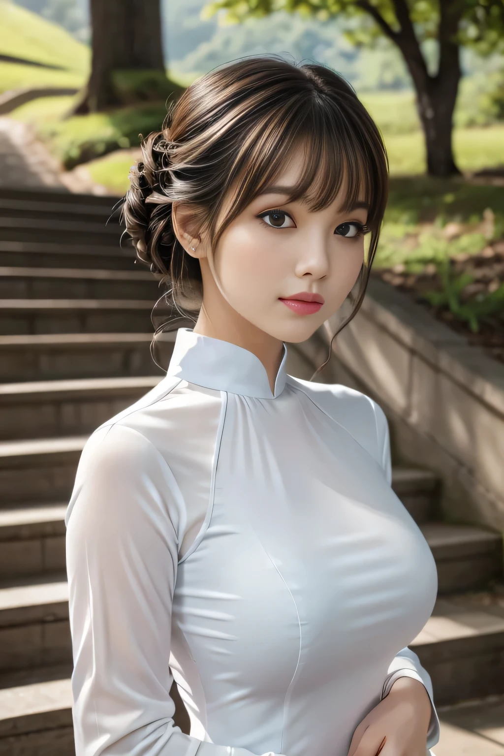 8K-quality, UHD, (HDR), RAW-photo, (Realistic:1.5), Subject is in the center of the frame, (Looking at the viewer:1.3), Absolute masterpiece,
Elaborate Ao dai that is depicted in ultra detail, Outdoors, Stairs in the park, Going down the stairs,
Big breasts, Full-make up, Lip-make up, Glossy skin, Bangs, Updo for short, Very pretty girl.