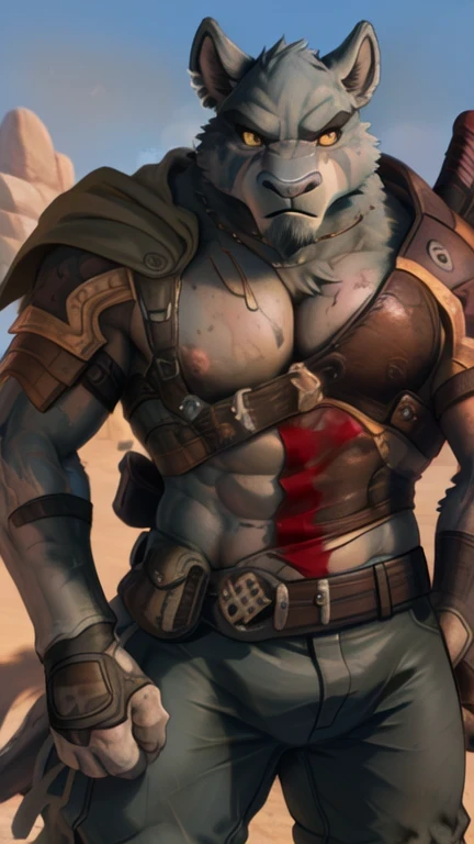 Solo mercenary soldier medieval furry sexy anthropomorphic, delgado, endomorph, muscular, hands, model, male appearance, sale, sword scars , scarce weapons , rusted and worn out , thick leather belt under the hips , old loincloths , very worn, scarce and dirty , Linen material , old stains , dirty and yellow worn on the white loincloths , breasted armor with small , studded bracelets , scant armor , leather ties , fingerless leather gloves, dirty and smelly skin , dirty body look , Desert Battlefield, standing in a sexy fighting pose , close up view of the full character , furry. dirty boots