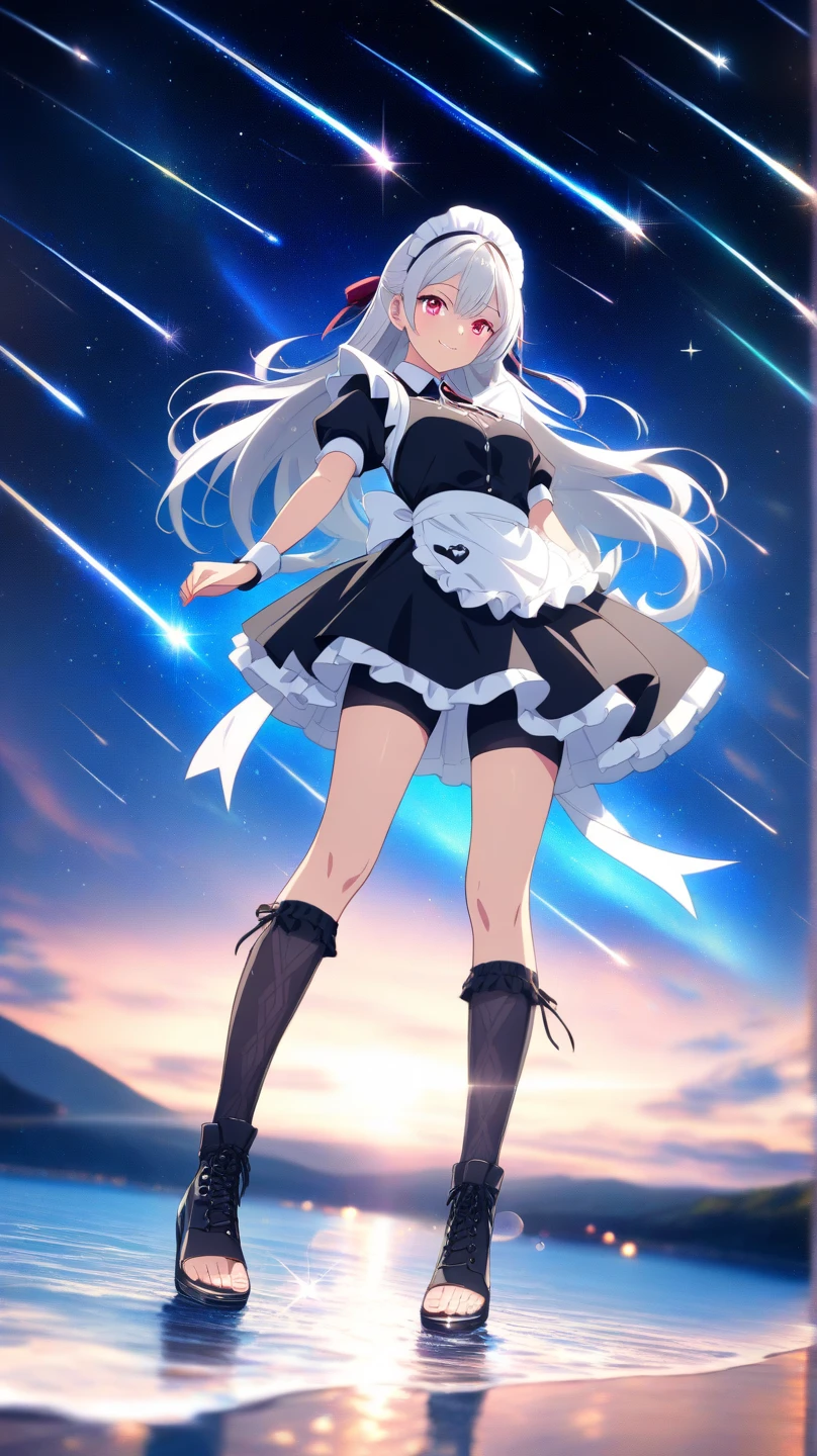 1girl, infant girl, full body, above clouds, asymmetrical legwear, aurora, grass, belt, ahoge, white hair, standing, cape, cloud, cloudy sky, constellation, crescent moon, spreading fingers, water, water ball, water magic, flowing water, forest, blue dress, moon, earth \(planet\), stream, evening, steam, splashing,fluttered detailed splashs fingerless gloves, galaxy, gloves, gradient sky, horizon, light particles, milky way, mountain, mountainous horizon, night, night sky, blue sky, outdoors, planet, purple sky, dark sky, shooting star, shore, long hair, white hair, single thighhigh, sky, skyline, solo, space, star \(sky\), star \(symbol\), starry background, starry sky, starry sky print, moon, moonrise, moonset, telescope, thighhighs,uneven legwear
