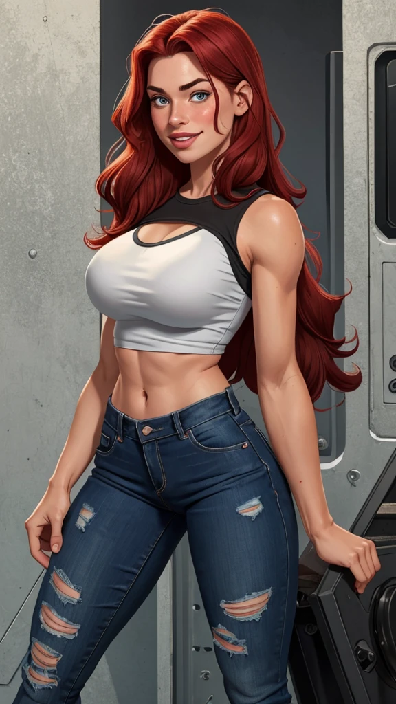 ((masterpiece, best quality)), very aesthetic, ultra detailed, intricate details, highly detailed, UHD, HDR, 8K, perfect face, 1girl, tan skin, white tank top, lean muscular, white jeans, dark red hair, long hair, red eyes, large breasts, perfect body, (newest anime art style)