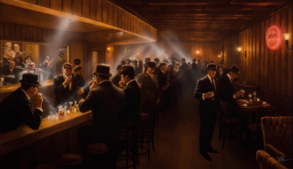 Oil painting of a smoky bar, with sunlight peeking through the smoke and casting shadows on the characters, inspired by Edgar Degas' "L'Absinthe", realistic style with intricate details, moody lighting