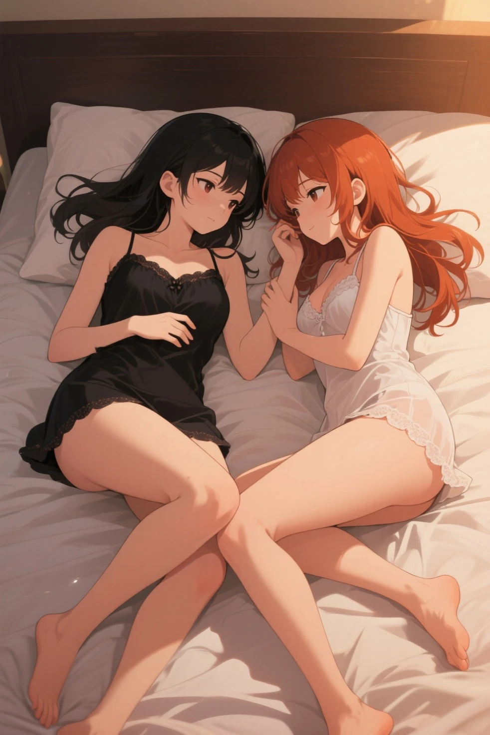 Two girls Eroi Dresses They hug each other and capture one person. breast smothering On a plush bed Lovely room large full breasts