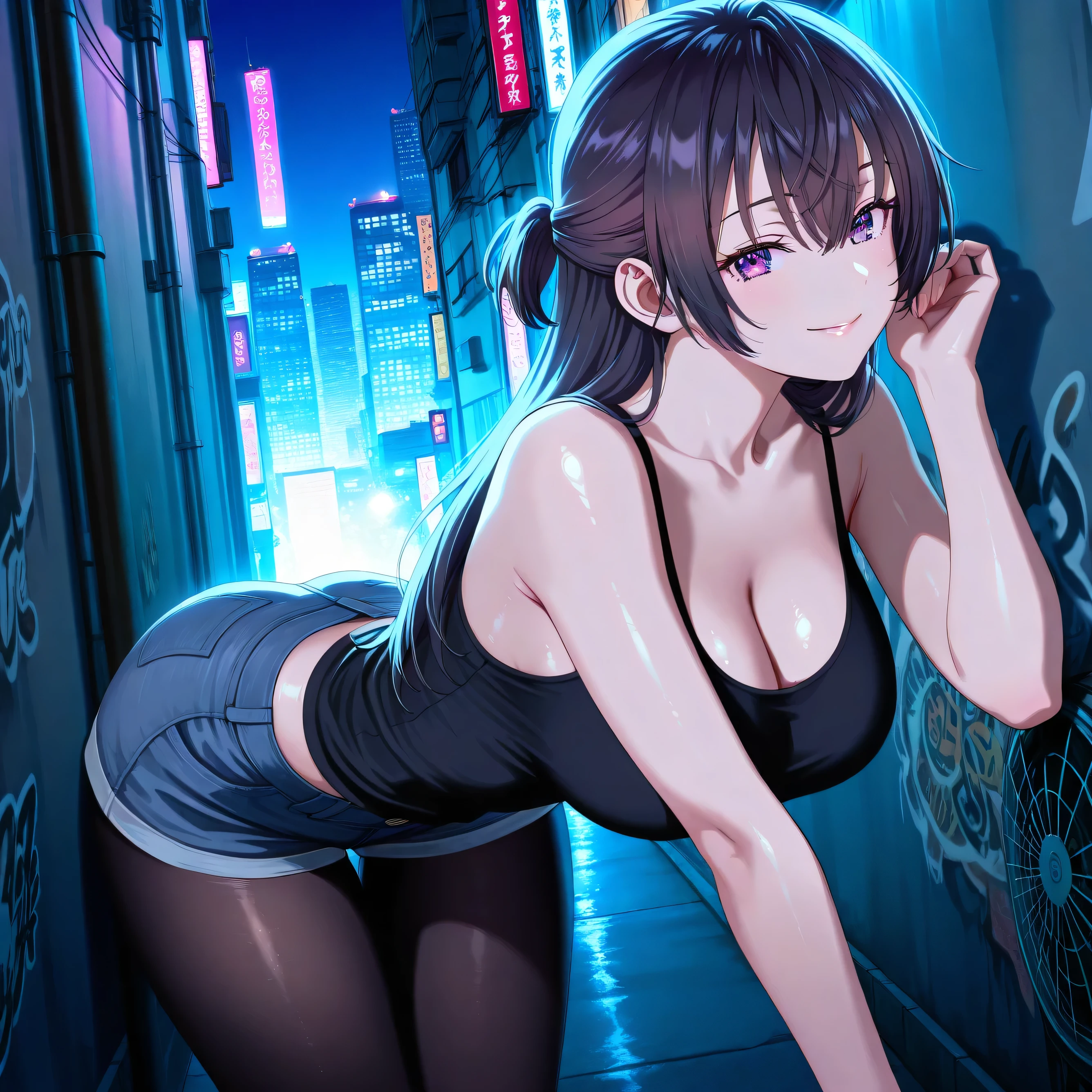 takeda hiromitsu style,(((masterpiece, highest quality:1.3,absurdres))),cowboy shot,20 year old beauty,solo,((very small head)),short bob hair,bangs,dark brown hair,brown eyes,blush,medium breasts,((very long body)),((slender body)),skinny,gleaming skin,shiny skin, Black turtleneck、No sleeve、Crop length、navel、Black micro mini shorts、With a rifle、Best illustrated gun、rooftop of high-rise building、Tokyo、moonlight、