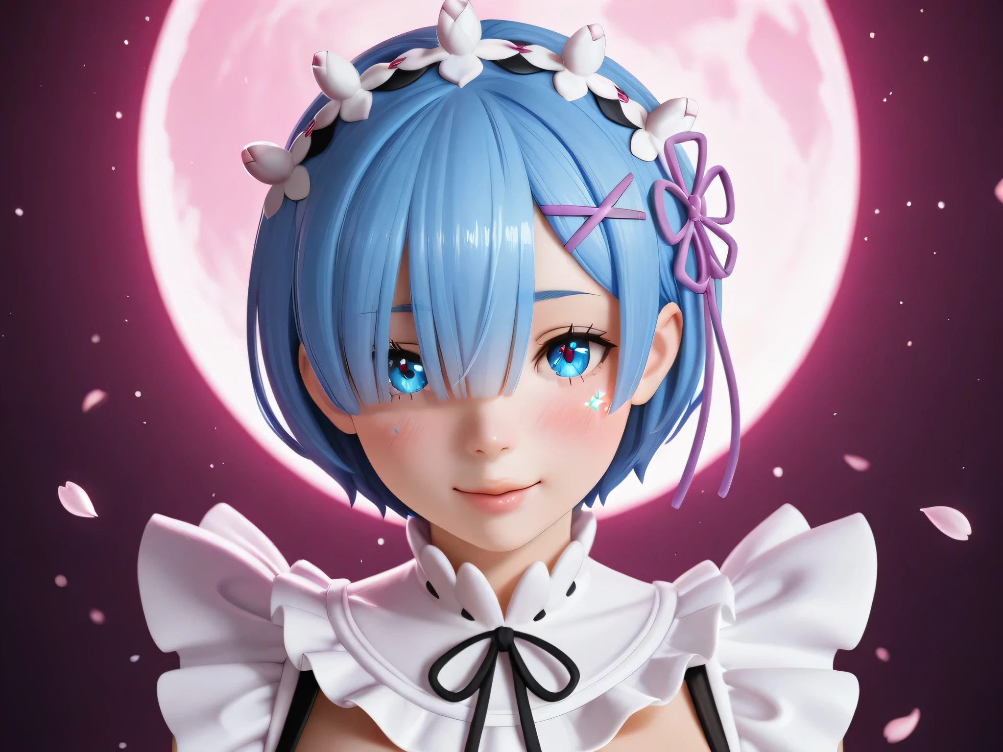 Rim and Rem from Re:Zero, both in original maid outfits, ultra-detailed, seductive body language, standing close together, large busts, elegant curves, beautiful smiles, precious eyes sparkling, soft glowing blush on cheeks, blue and pink lighting ambiance, outside the mansion under a full moon, falling cherry blossom petals, breeze lifting parts of their dresses, magical aura, shining particles in air, cinematic composition, photorealistic quality, rich textures on fabric and skin, shimmering eye reflections, 3D lighting effects, no watermark, perfect facial symmetry, anime high fantasy style, flawless proportions, epic illustration, 4K ultra-HD, no distortions