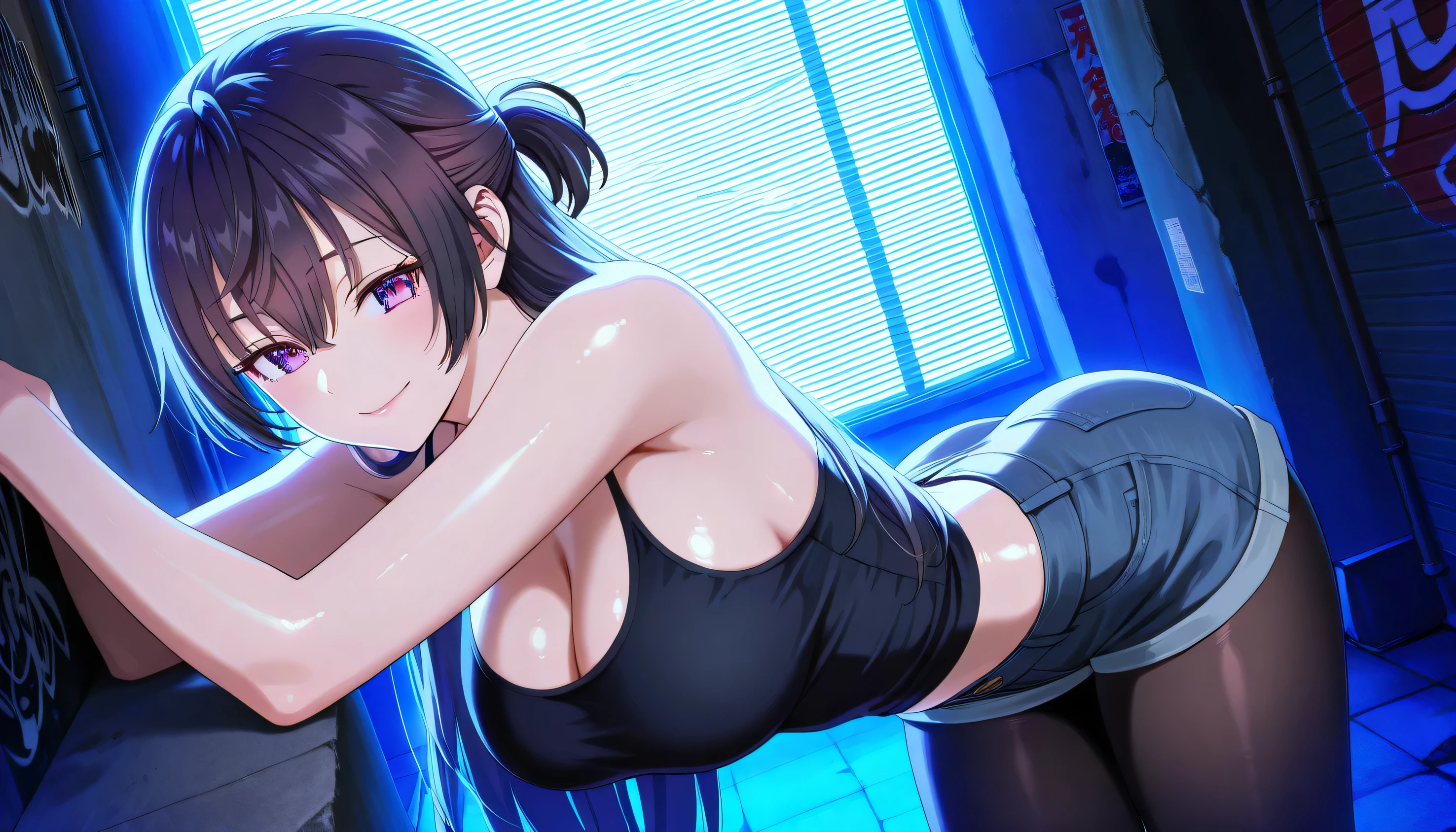 kanzaki rin, KaoriHojo, 2 girls, side by side, black-framed eyewear, solo, bangs, open mouth, very long hair, straight hair, arms up, one eye closed, (masterpiece:1.6, best quality), (finely detailed beautiful eyes: 1.2), (masterpiece), (best quality), (shiny hair), (shiny skin), (shiny skin), solo, twin tail hair, large breast, big boobs, boob curtain, under boobs, ((upper body)), (micro bikini), presenting armpit, bare shoulder, collar bone, (mole armpit), arm up, beach, selfie, cowboy shot, straightened, arms behind head, hands behind head, arms raised, hands in pockets, standing, ((detachable sleeves), (randoseru)), (side boobs), (bikini)