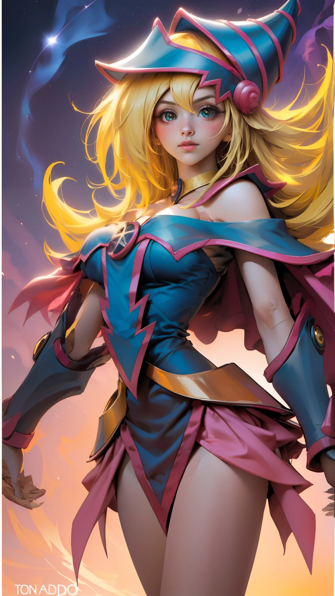 dark wizard gils levitating. She is flying through the skies. He has long blonde hair. blue eyes. Red lips. She flies in the skies.