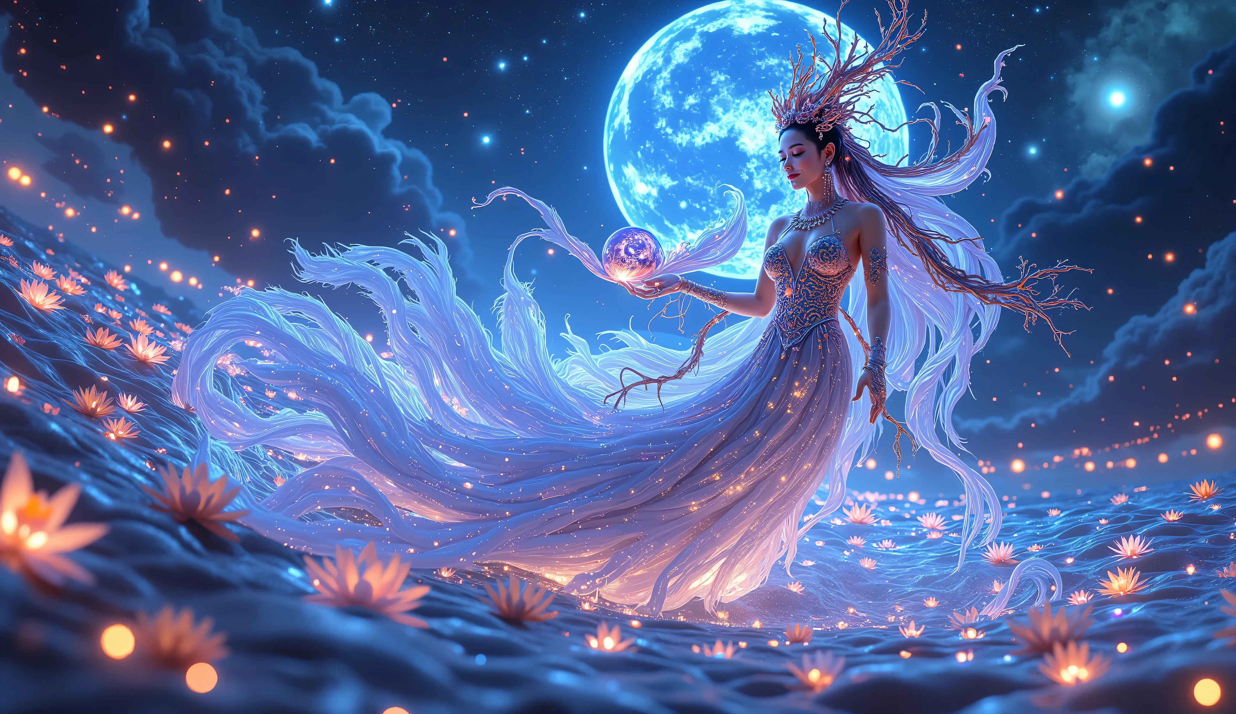 Chang'e, the Chinese moon goddess, floating gracefully with her divine rabbit on the glowing moon surface, offering a glowing elixir, under a vast cosmic sky filled with ethereal nebulae and drifting stardust, ancient lunar temples and floating lotus flowers surround her, radiant moonlight and soft bioluminescent glows illuminate the scene, soft rim lighting enhances the divine ambiance, inspired by Makoto Shinkai and Yue Minjun, ethereal fantasy and magical realism style, digital painting, cinematic concept art, soft blues, silver, pale lavender, glowing white and stardust gold color scheme, (masterpiece:1.3), (fantasy:1.3), (celestial:1.2), trending on ArtStation, ultra-detailed, 8K HDR, beautifully composed