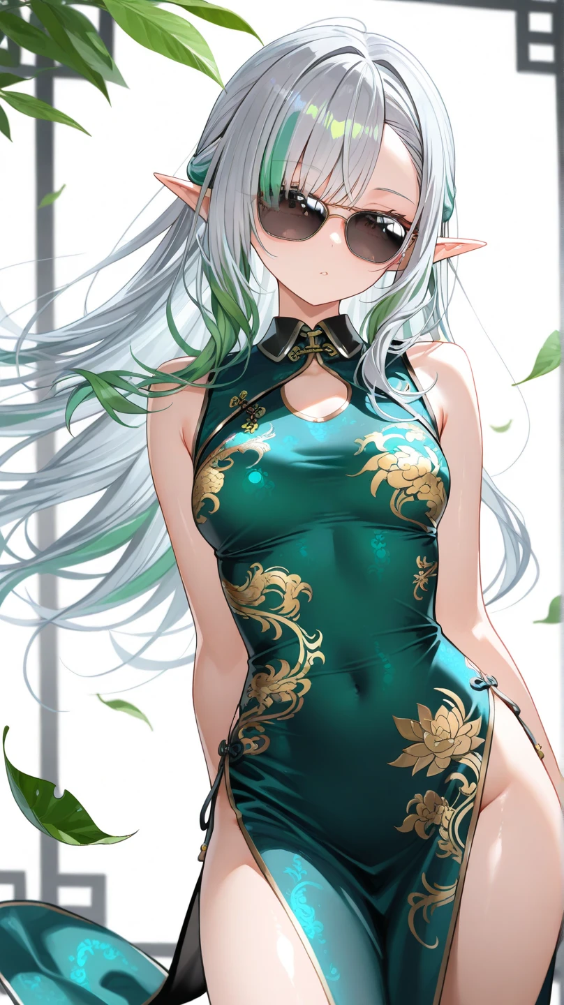 Adult woman, very long white hair, green eyes, tight green chinese dress, golden tight pants, wide neckline, open breasts, golden elements, smile, Masterpiece, best quality, Full HD, 8k, ultra details, great graphic