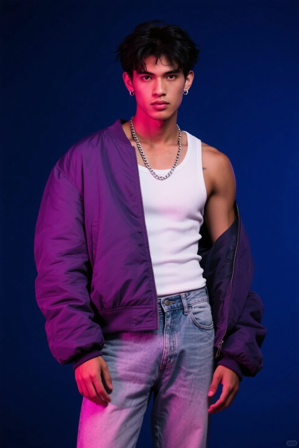 Close-up of an 18-year-old German man, in shorts, shaved hair, stern look, small tattoo on left thigh, face lit from the front, in front of the stained glass windows of a cathedral overgrown with vines, electric wires, canvases spiders, stalagmites and metal stalactites.
