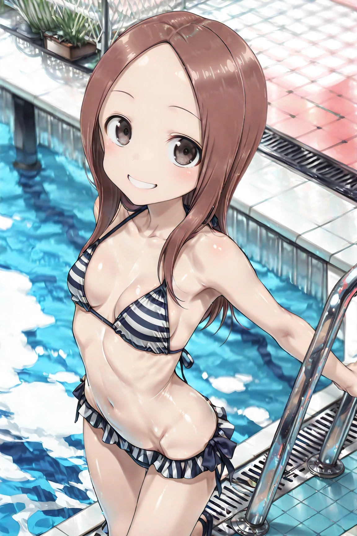 ((masutepiece)), ((Best Quality)), (Ultra-detailed), ((Extremely detailed)), 4K, (8K), Flat color, heavy outline, sharp outline, 1girl in, Solo, Front view, From blows, Stunning cute girl of smiling, Light brown twintail hair with bangs, ivory and pink bikini, Retro-futuristic rooftop pool in midsummer, Playing in the pool, thunder clouds in the sky