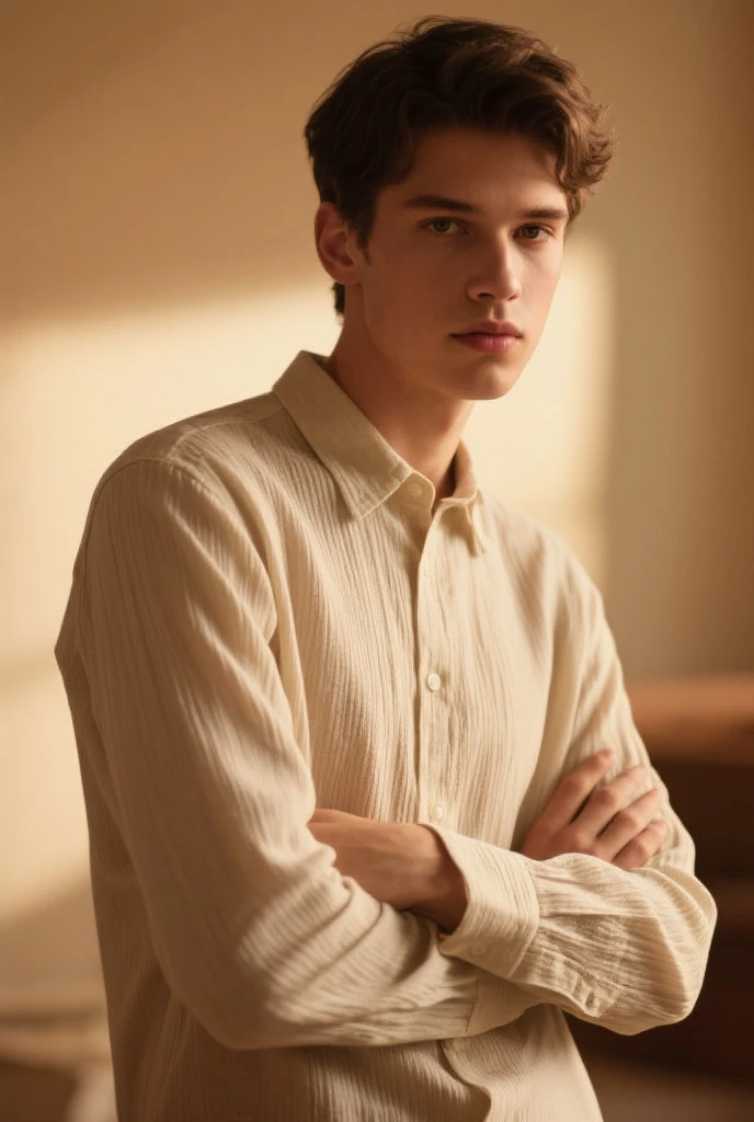 A cute, beautiful twink male with black hair and a face with makeup. He is wearing a white long-sleeved shirt and brown pants. He is in the Antiquities Museum for Scientific Instruments and looks in amazement and shock.