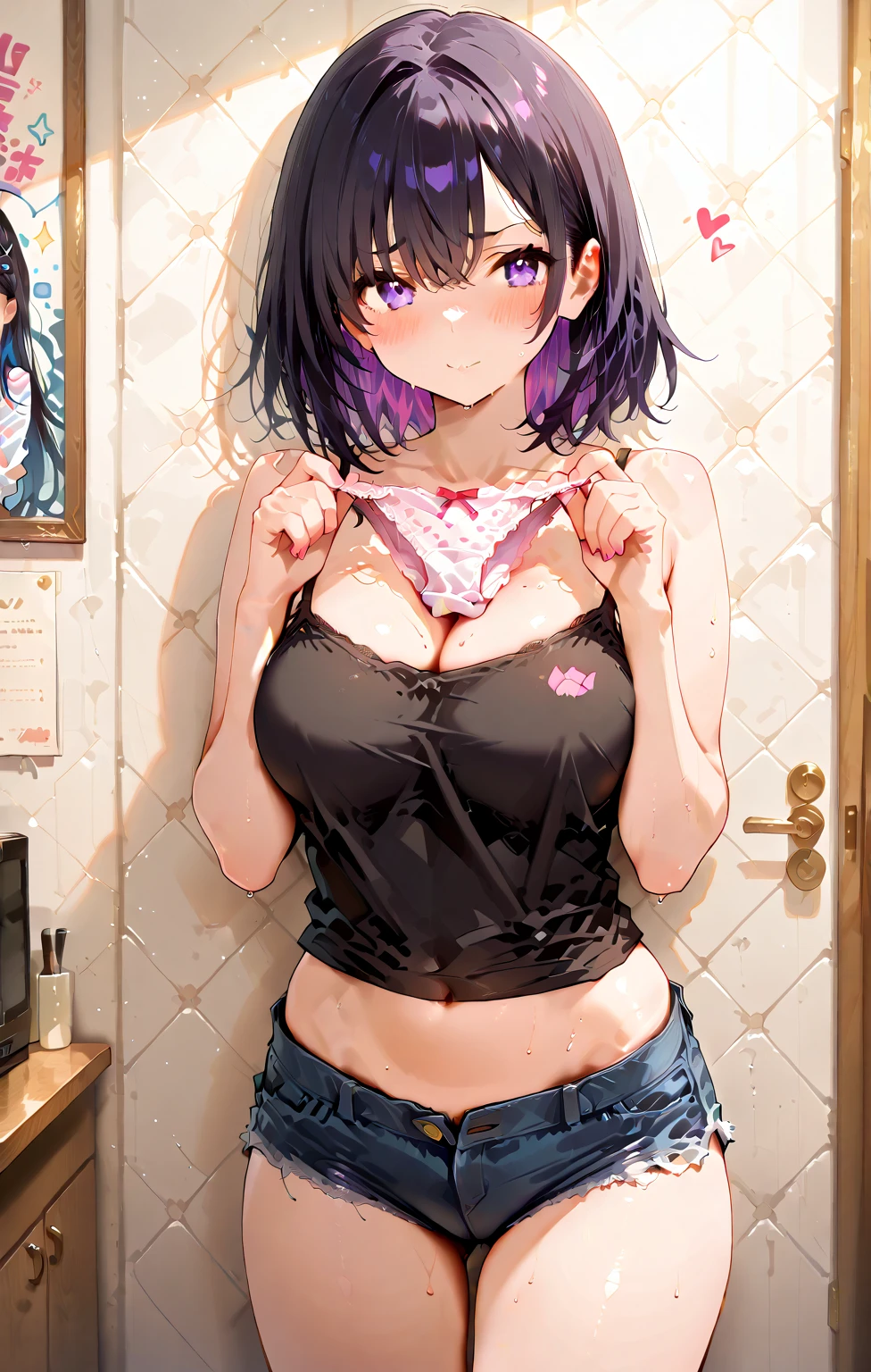 ((masterpiece)), (anime:1.3), ((Highest quality)), slouch、tears、Saliva、From aboveのアングル、Looking up、(Super detailed:1.2), (High resolution:1.3), (Professional photography:1.2), (15 years old), (One girl), Cute young girl, From above, break, , Glare、Angry,、Cleavage、 Short Hair、(Beautiful purple eyes:1.3), (Sunburn), (Take off your long coat), Bikini Tops, Flat Chest, The body is slim, (Forehead), Disheveled Hair, (Short Hair), ((Beautiful black hair)), Wear a long cardigan, Shorts, break, ((Highest quality)), (In tropical countries), (Sharp focus), (Perfect light),