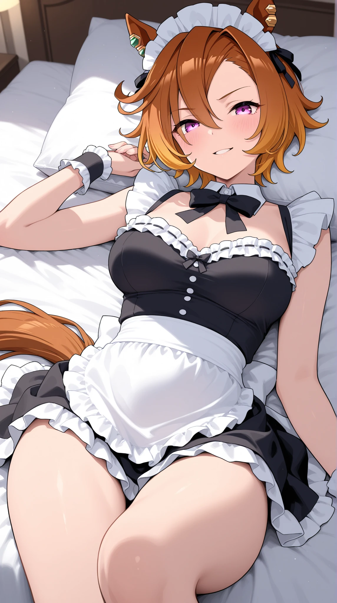 (masterpiece, highest quality), 1 girl, (ALGL:1), (ALGLZion, Zion:1), (Zion hair:1), (Zion eyes:1), chest, medium chest, large chest, underboob, All limbs, full finger, Looking at the audience, Cowboy Shot, Maid clothes,Skirt flip, Crop top, Black clothes, One girl,Embarrassing, bed, on back, lying,no panties,full body,vegina is nude,lower body is nude,no skirt