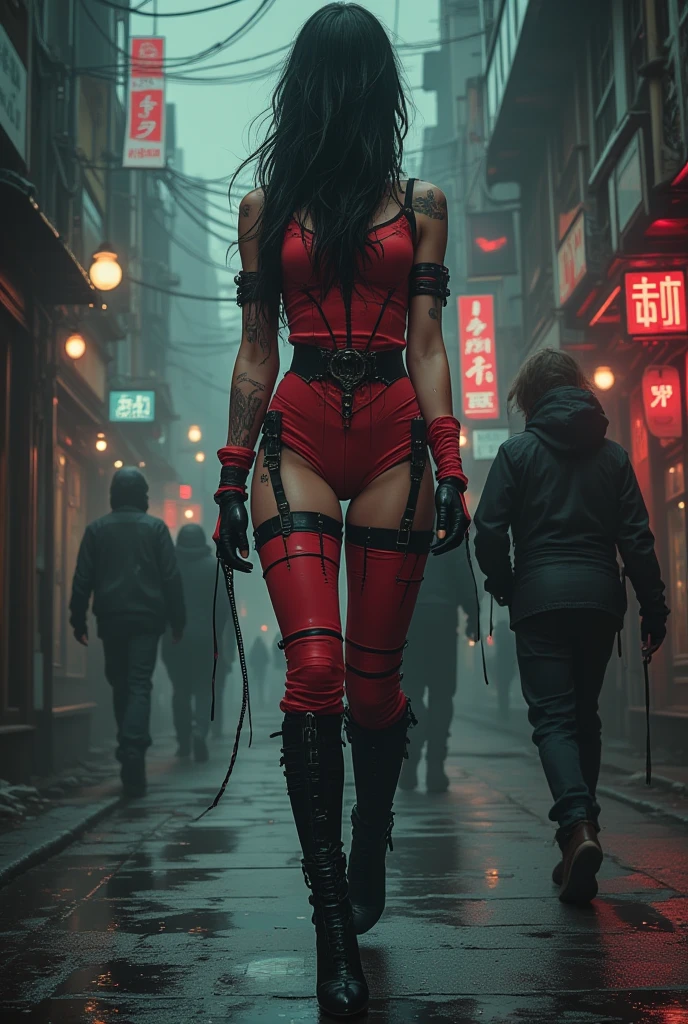 PonyXLV6_Scores super closeup portrait, Amidst the smoky haze of the 1940s noir cityscape, a half-human, half-cyborg woman emerges from the shadows. Clad in a vibrant red bathrobe, she wields a gleaming samurai sword with a purpose. As she strides towards you, her eyes piercing through the monochrome atmosphere, capture the essence of this cinematic moment in the style reminiscent of Sin City. very detailed, high detailed texture, 8k,