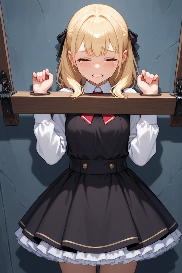((1 girl)), ((sitting on chair)), ((rope bondage)), ((arms behind back)), ((fully bound)), (restrained tightly), ((helpless)), (Red dress, tights socks), ((blushing)), ((gagged))